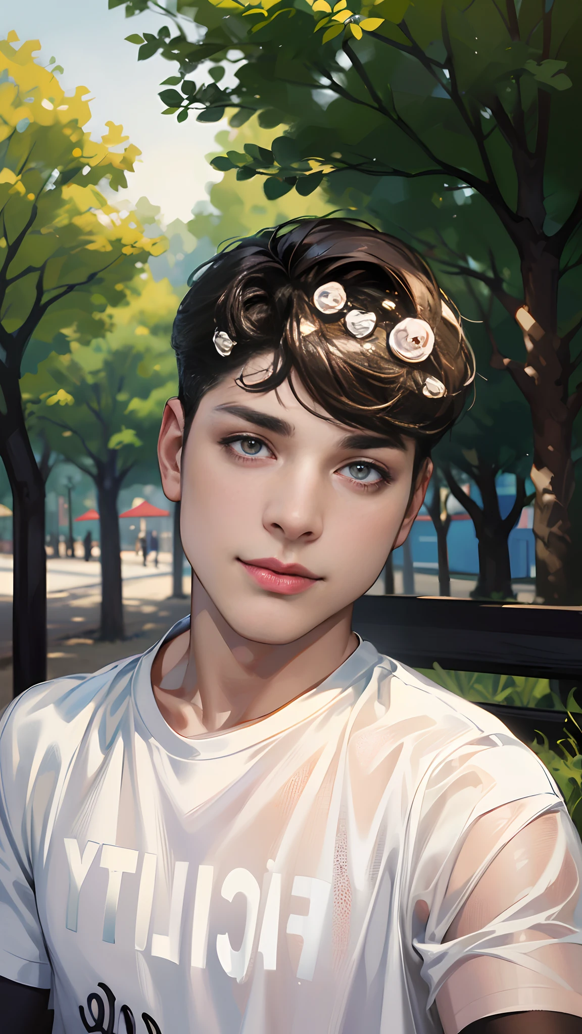 (absurdres, highres, ultra detailed, HDR), masterpiece, best quality, 1boy, solo, handsome, short hair, dark brown hair, finely eye and detailed face, ((loose white t-shirt)), (white jacket), (pale and white skin), look at viewer, ear piecing, sitting on bench, park in background