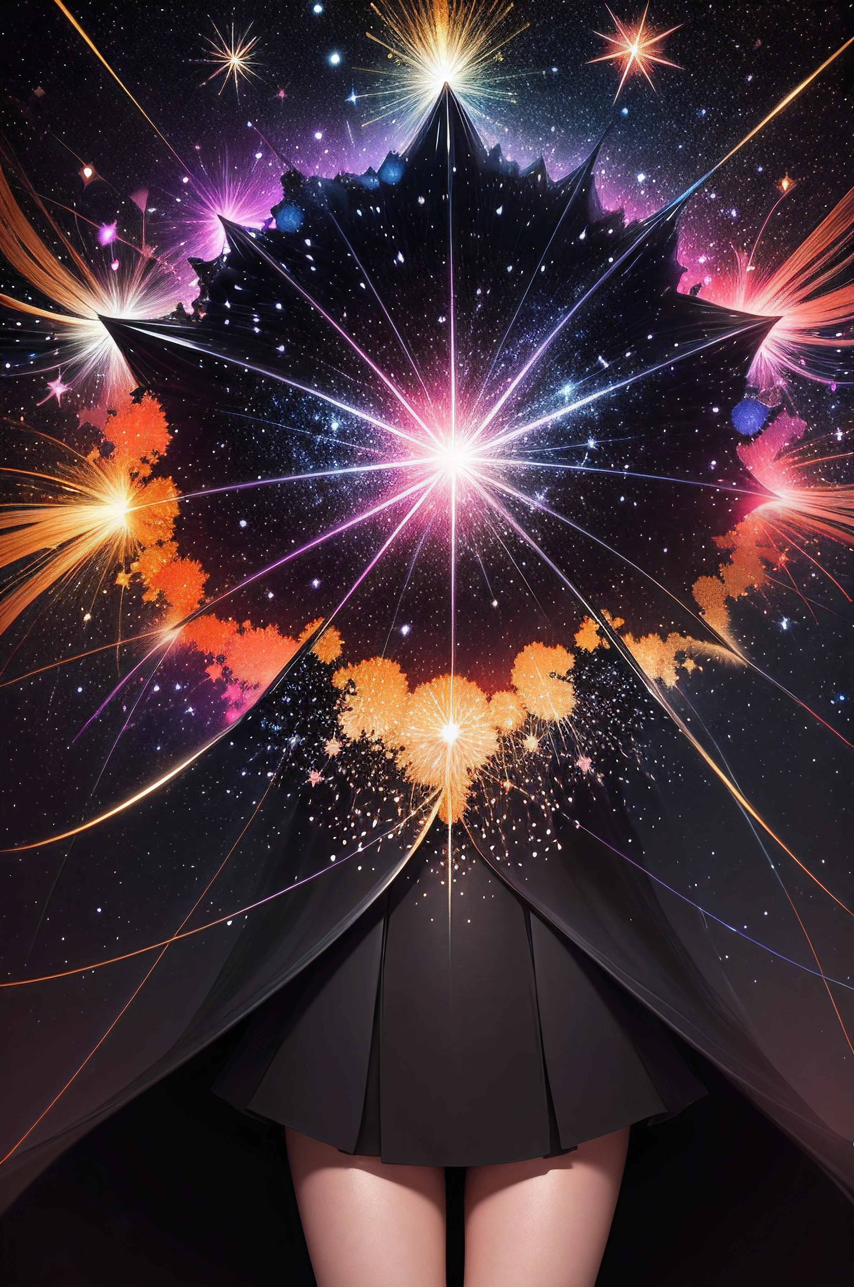 A shimmering kaleidoscope of celestial fireworks dances across a pitch-black sky, as constellations burst into vivid existence like paint splatters on a cosmic canvas, acrilic painting style, Mysterious