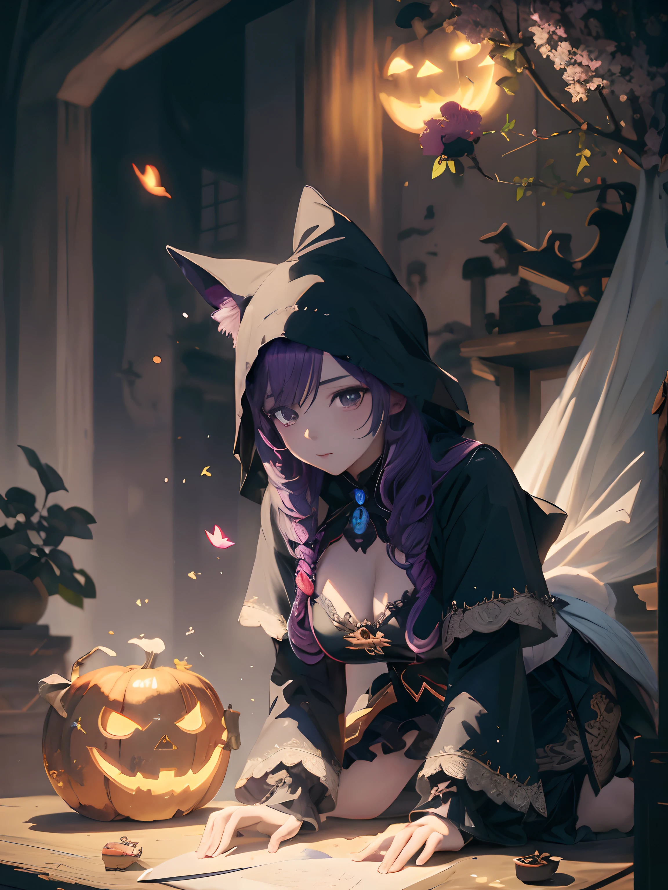 Anime girl in witch costume kneeling next to pumpkin, guweiz on pixiv artstation, artwork in the style of guweiz, guweiz on artstation pixiv, guweiz, Anime girl with cat ears, Anime art wallpaper 8k, anime art wallpaper 4k, anime art wallpaper 4k, anime style 4 k