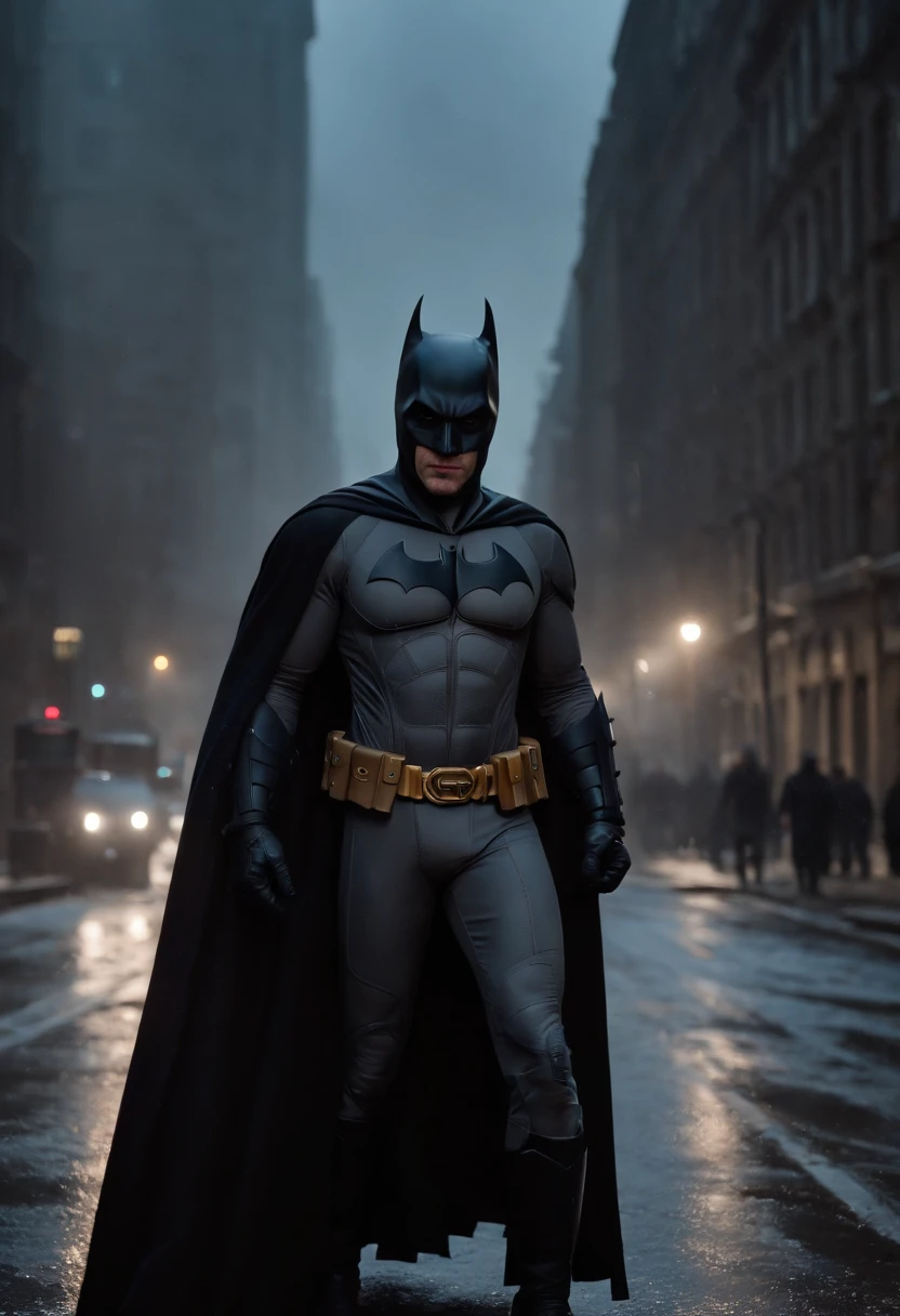 Batman, Gotham city at night, Christopher Nolan style, drama and lifesaving, in dynamic, atmosphere of darkness and horror, dramatic light, highly detailed, packed with hidden details, hyper realistic, uhd image, realism, colorful realism, UHD, 8K