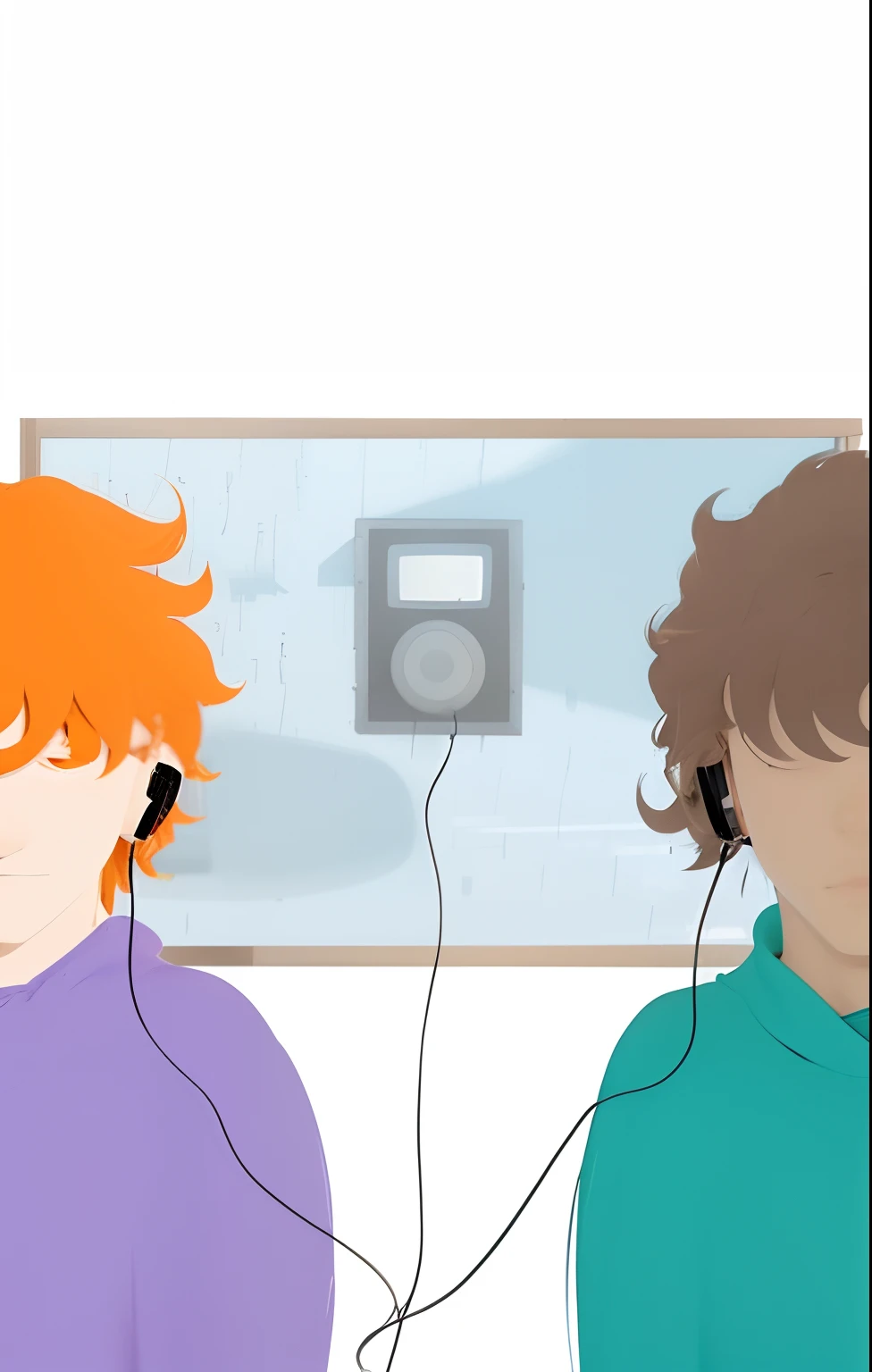 Two guys listening to music. um celular, it's raining, tem chuva. Dois homens de fone, 3d, o homem do lado direito tem pele negra. O homem do lado esquerdo tem cabelo ruivo. Imagem 3d, imagem realista.