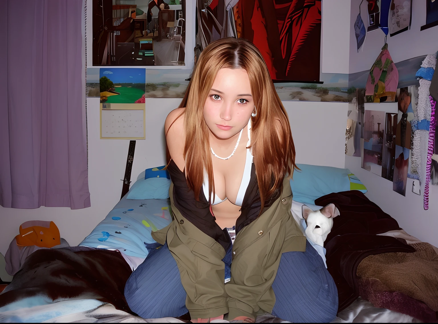 there is a woman sitting on a bed with a dog, posing in a bedroom, in her room, sitting on the bed, sitting in her room, bedroom eyes, , touching her clothes, in the bedroom at a sleepover, sitting on a bed, sitting on her bed, in my bedroom, sitting in bedroom, in a bedroom