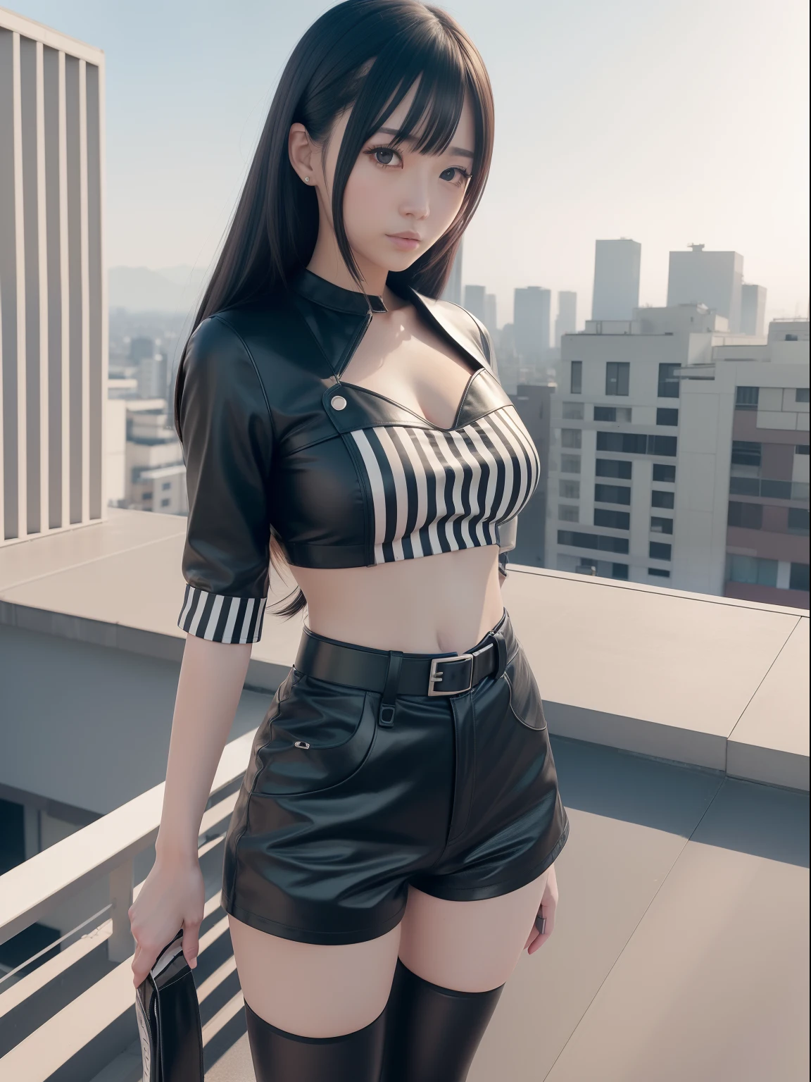 masutepiece,A hyper-realistic,32K,the Extremely Detailed CG Unity 8K Wallpapers, Best Quality,(1 Beautiful Japan Woman),bobhair,twin-tail hair,Dark heroine,((leather Shorts)),Thigh-length shorts,((White and black striped blouse)),Skin fit,Full body,a moon,(Film grain:1.2), (Film Overlay:1.3), On the roof of a building