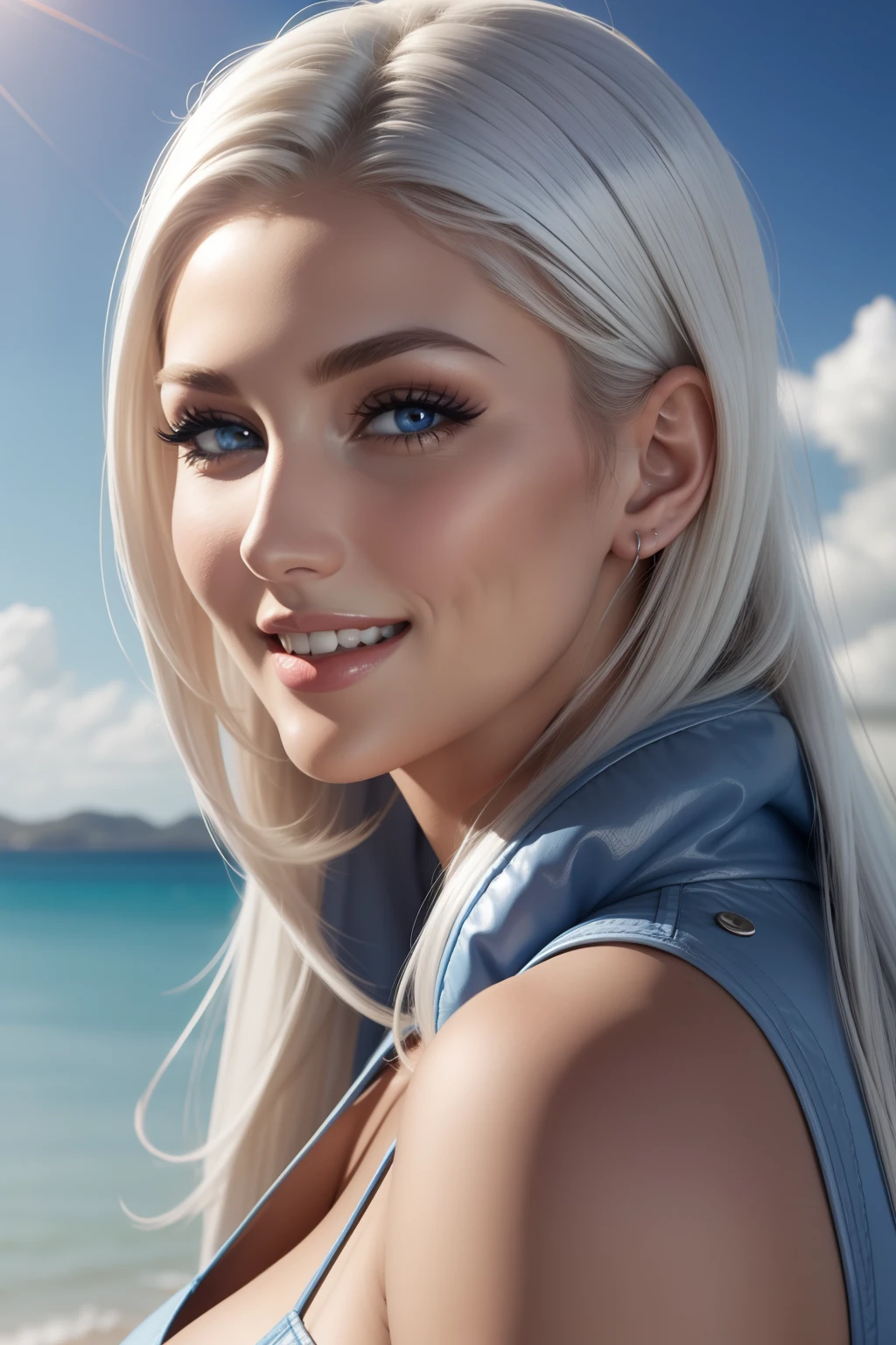 lucy pinder, face portrait, platinum hair, smiling, sky blue lipstick