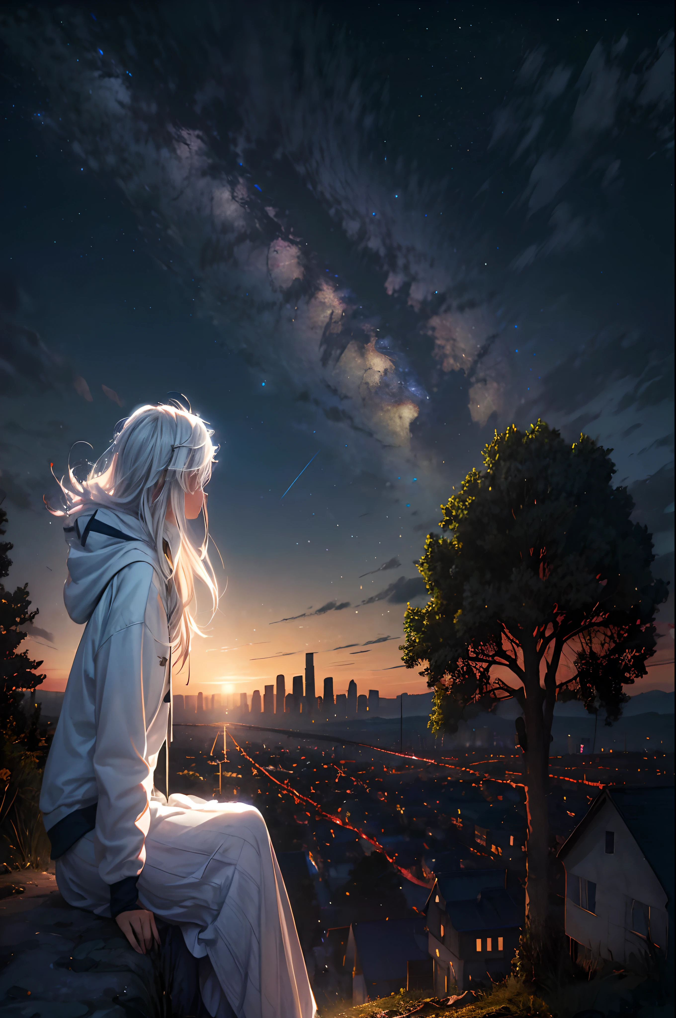 octans, sky, star (sky), scenery, starry sky, night, 1girl, white medium hair, oversized hoodie, long skirt, night sky, solo, outdoors, building, cloud, milky way, sitting, tree, long hair, city, silhouette, cityscape, Illustration with depth, horizon, (perspective:1.2),Outlook,distant scenery,distant,