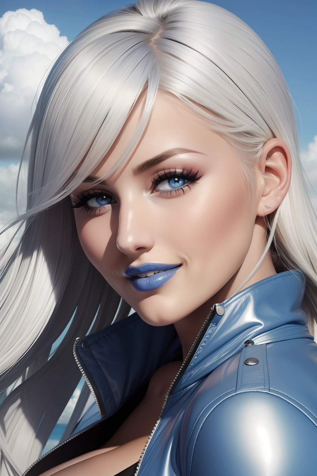 lucy pinder, face portrait, platinum hair, smiling, sky blue lipstick