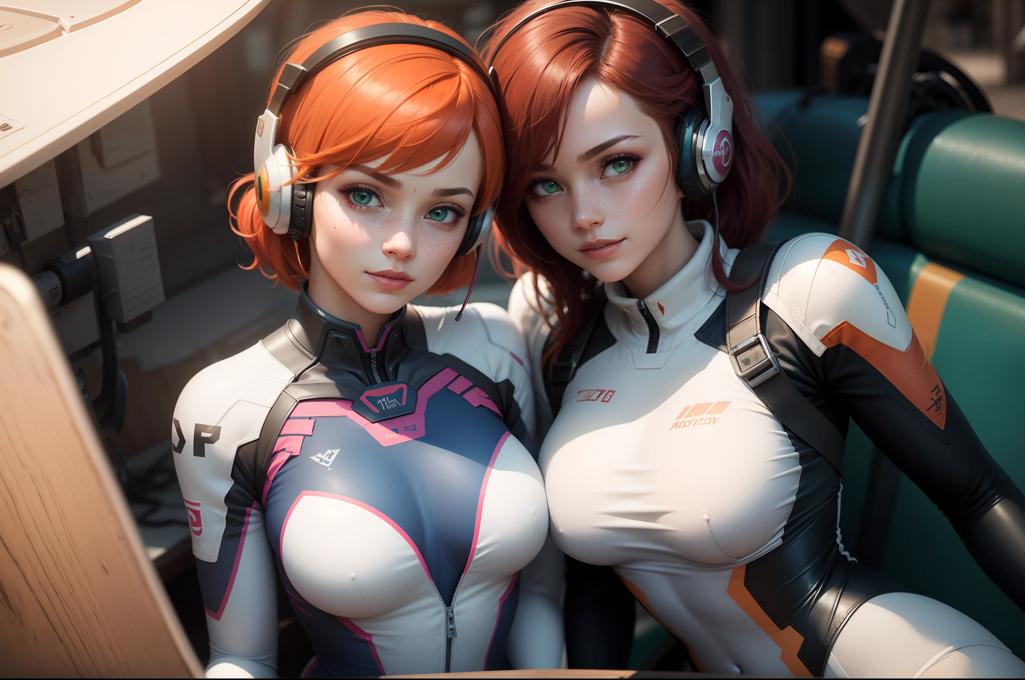 gwen tennyson,1girl,tracer,d.va,ryuuko matoi,overwatch,gundam,close up, mecha pilot,battleship deck,white and blue plugsuit,hair pin,pirate corset, white long sleeve lycra top,orange leggings,short hair,cute makeup,green eyes,orange and blue hair,shy smile, freckles,redhead,beautiful girl,large breasts,ultra detailed,realistic,fantasy art, gaming headset,pilot jacket,helicopter,