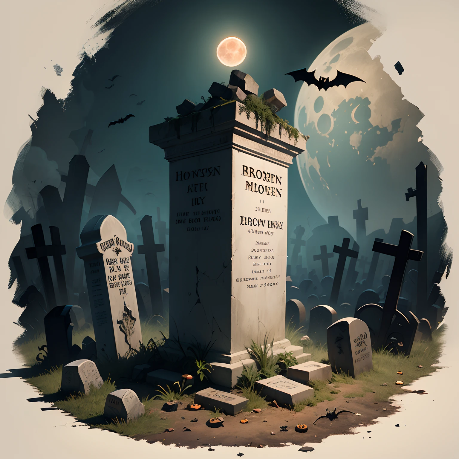 Halloween poster, graveyard, broken bones, bats, ray tracing, main tombstone, blood moon