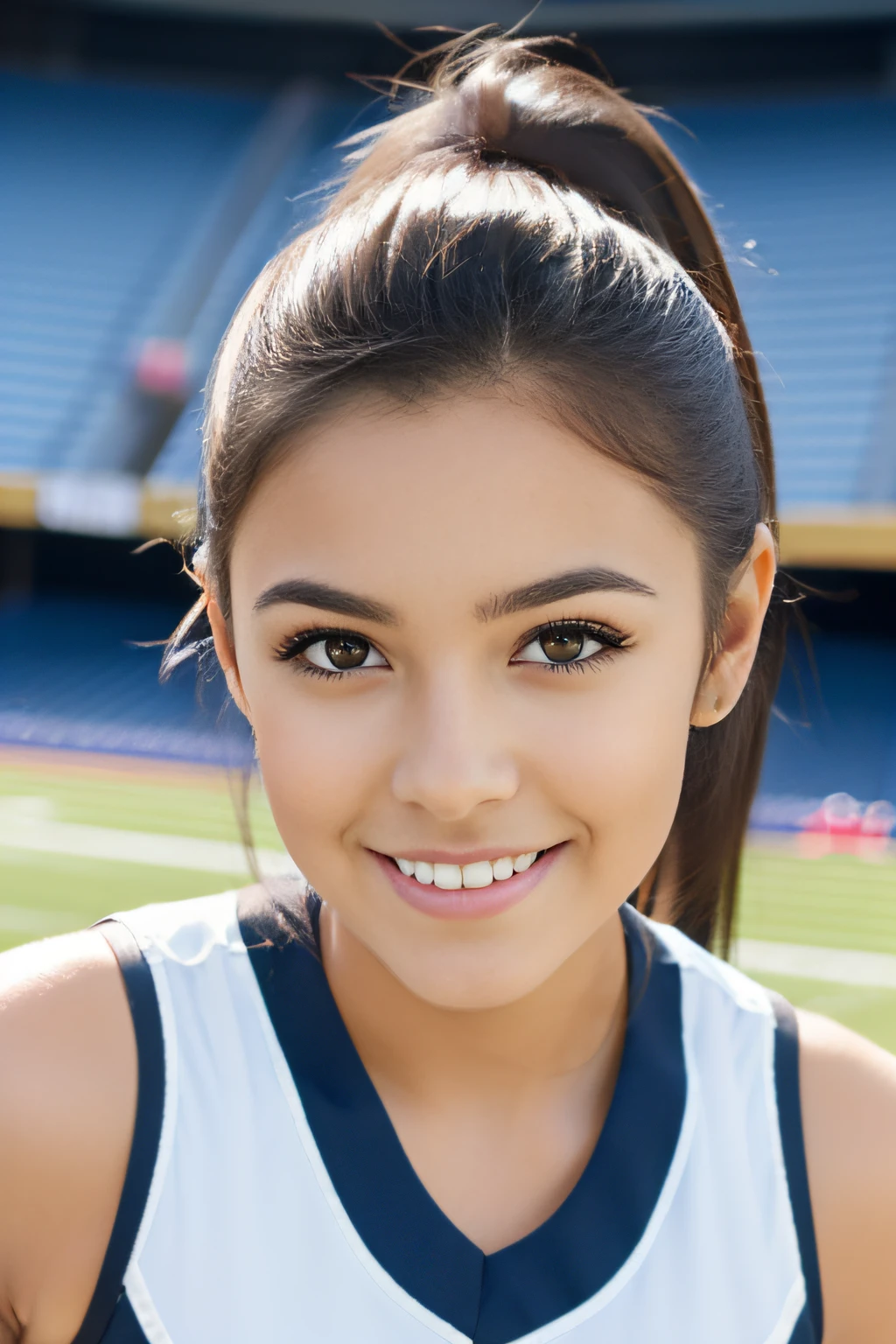 Latin girl. Dark hair. Straight hair. Dark Eyes. . Younlt. Pretty. Popular. Outgoing. Cheerleader. Thin eyebrows.