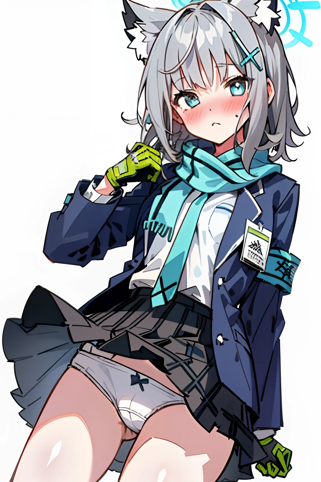 Shiroko (blue archive) One girl with short hair and uniform, looking at camera, flat face, blushing, tsundere, medium breast, hands behind back, look a underpants, unpants, don't wear a skirt, underpants white color, classroom, best quality, high quality,
