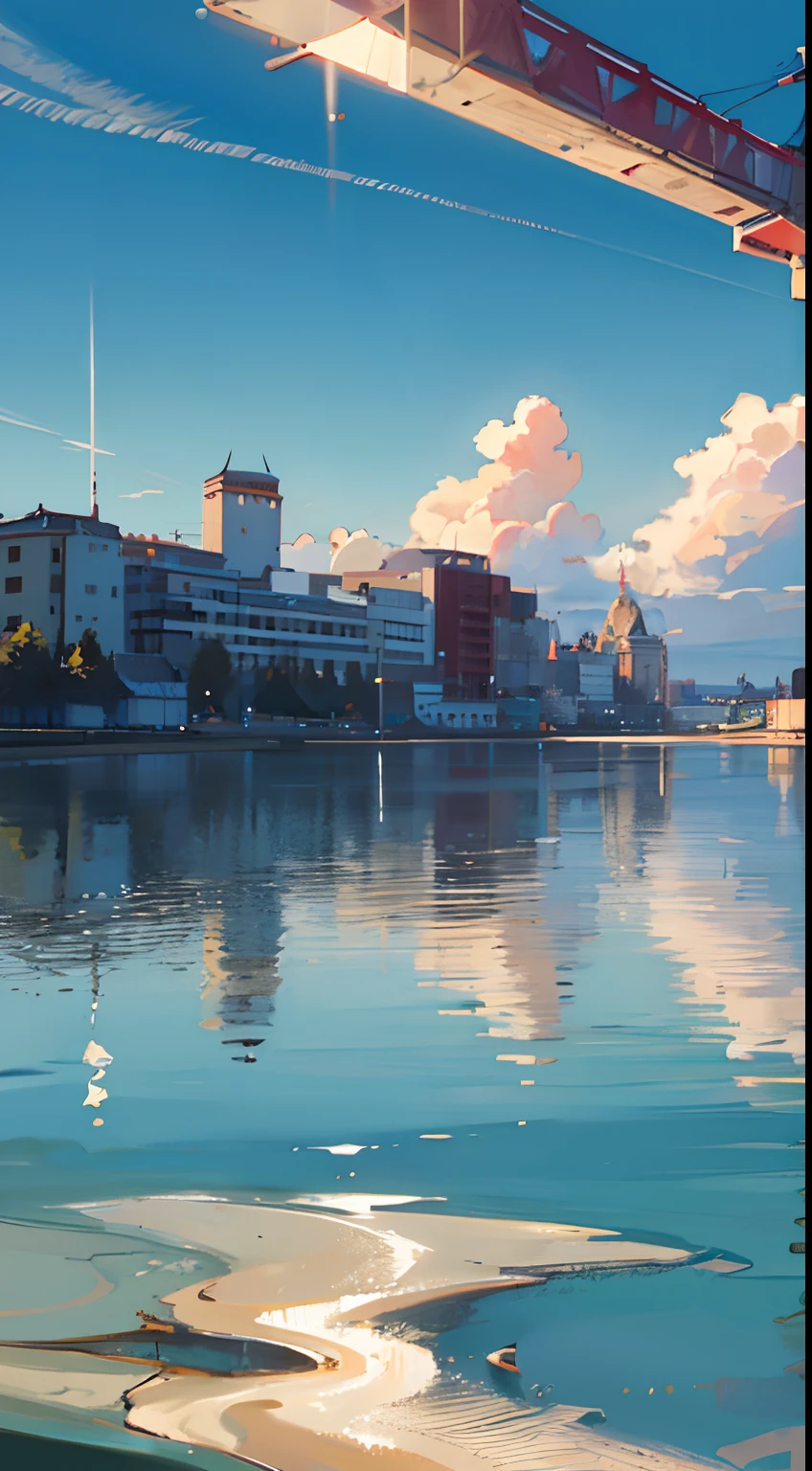 no humans, scenery, vanishing point, from below, masterpiece, best quality, 8k, absurdres, water surface, summer, noon, sunlight, blue sky, perspective, depth of field, highres, finely detail, ultra-detailed, sharp focus