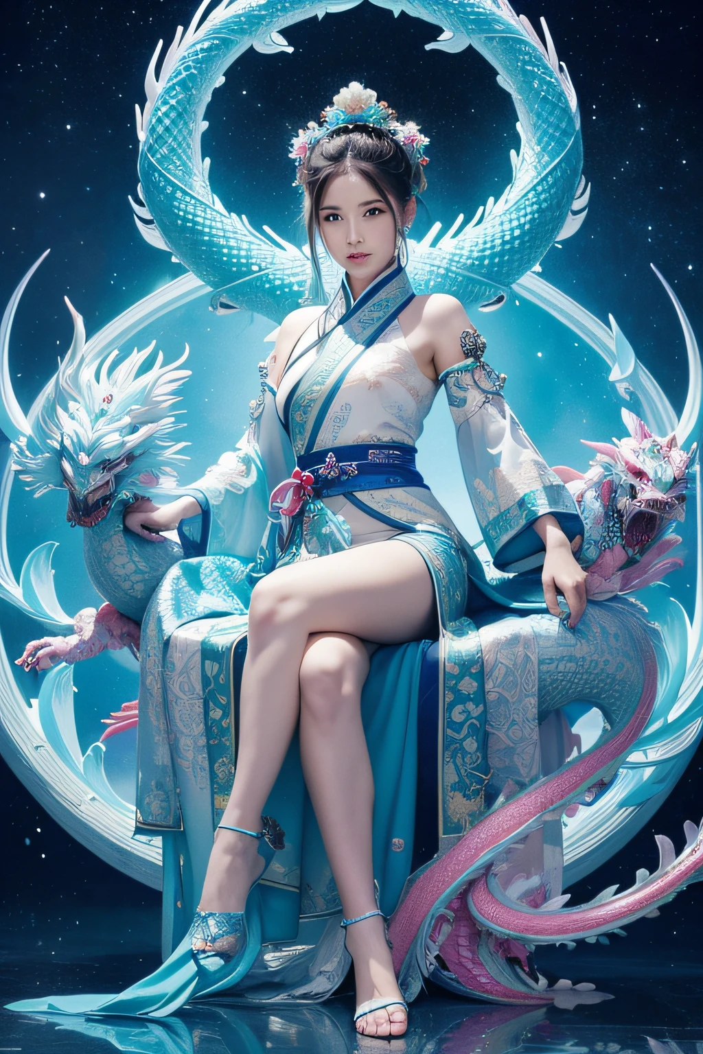 *8K Masterpiece, of the highest quality, Best Quality, Official art, (Beauty and aesthetics: 1.3), Extremely detailed, (Fractal Art: 1.3), Colorful, Chinese dragon with ice, Serpentine body, toenails, Cyan and one woman, Han Woman Media, Hanfu, cian