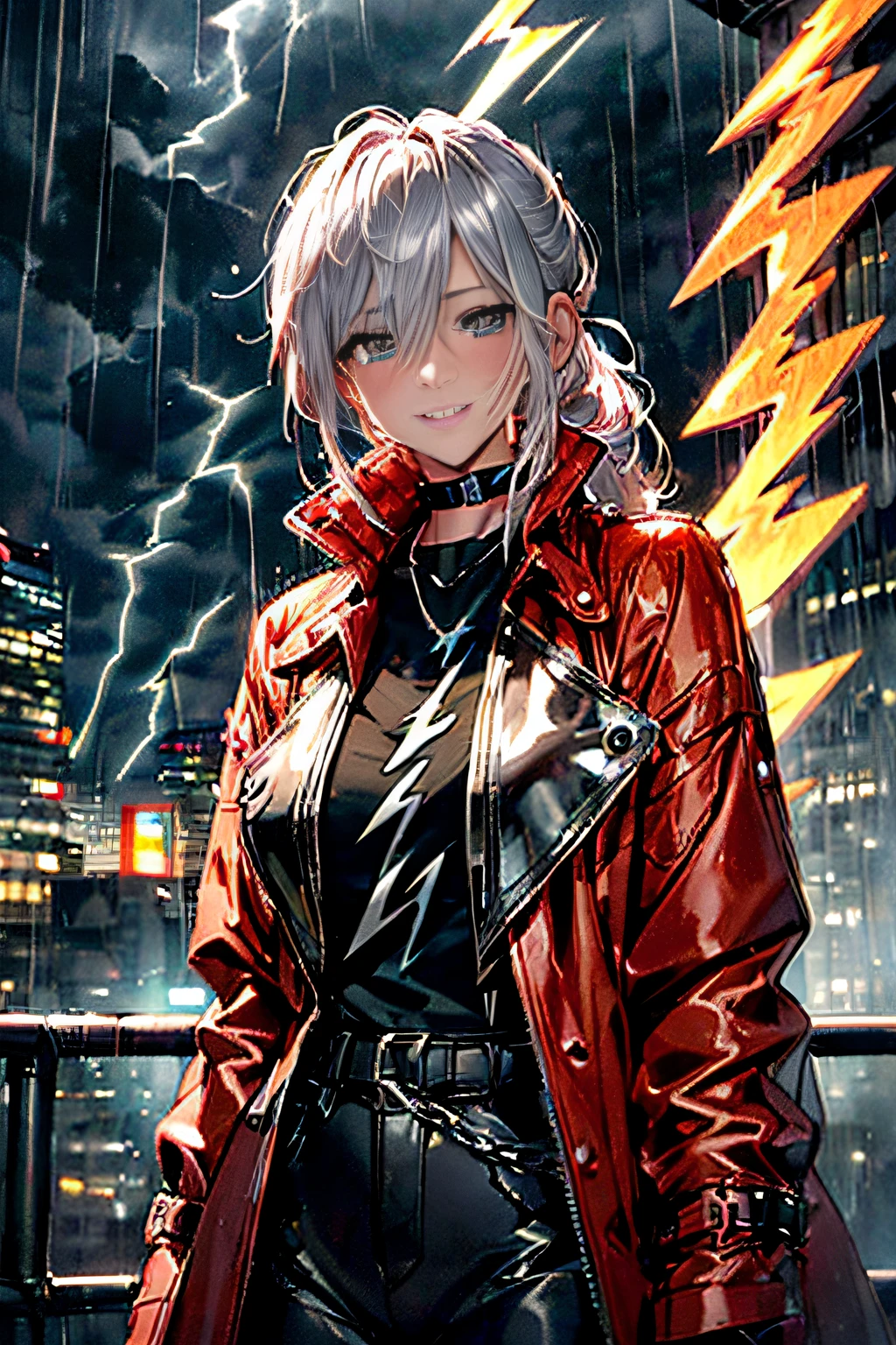 (Lightning illuminating the dark sky:1.7),Stormy night, (Rain pouring down on a tomboy:1.3), creating a dramatic and moody atmosphere.
Drenched tomboy,piercings,Punk rock fashion,Open jacket with chain,Punk rock shirts,Punk rock pants with chain,Chain Accessories,a choker,(The whole body is soaking wet,Rainwater dripping from the face,Wet face,wetting hair,Wet and glowing skin,Soaking wet costumes,),(Glossy silver and orange two-tone hair,Short ponytail),(The composition of the princess's face,large full breasts,Pointed lips,red lipsticks,Cute round face,A smile that makes the viewer happy,blushing with embarrassment,red blush,),Bold sexy poses,crouching down,
(in 8K, Raw photo, Best Quality, masutepiece,),(Realistic,Extreme detail photo,Digital SLR,),(Image Mode Ultra HD),