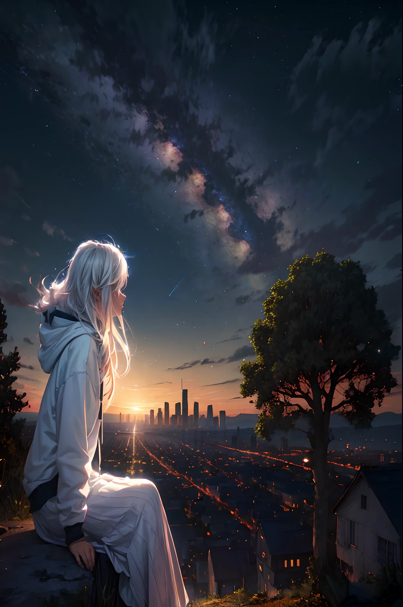 octans, sky, star (sky), scenery, starry sky, night, 1girl, white medium hair, oversized hoodie, long skirt, night sky, solo, outdoors, building, cloud, milky way, sitting, tree, long hair, city, silhouette, cityscape, Illustration with depth, horizon, (perspective:1.2),Outlook,distant scenery,distant,