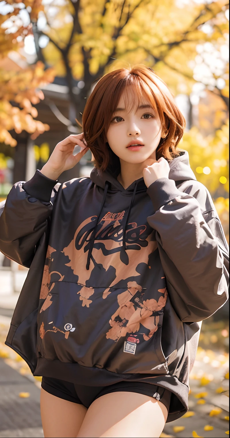 1girl, higuchi madoka, hoodie, short hair, orange hair, relistic, ultra detail, 8k, 70mm lens