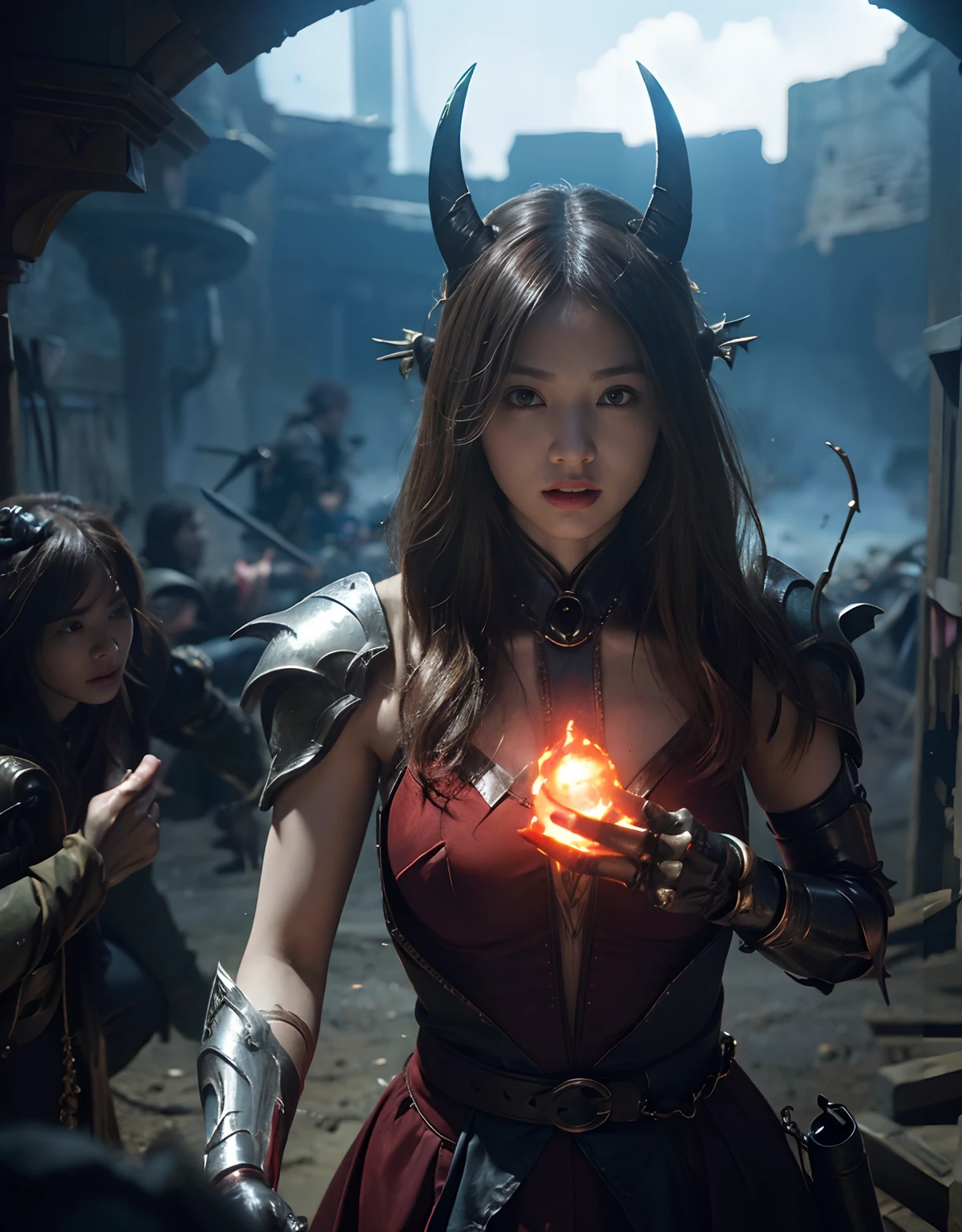 (One Knight Girl)、top-quality、masterpiece、超A high resolution、(Photorealsitic:1.4)、Raw photo、女の子1人、(Wear the Dark Knight's Armor)、glowy skin、(Random hair),(((Dark Fantasy)))、Fight with beautiful swords and shields、(((Mystical expression))),(((Have a gorgeous and long magic wand))),(Gorgeous gold metal body)、(Fight goblins、ogre、Fierce battle with orcs),(Fighting strong enemies)、Fight fiercely、(Background of decaying dungeon ruins)、(Ultimate Beauty)、(Detailed knight's helmet)、(Fighting Demonic Beasts)、(Wizard Hat)、((super realistic details))、portlate、(Strong giant demon beast background),globalillumination、Shadow、octan render、8K、ultrasharp、Colossal tits、Raw skin is exposed in cleavage、metals、Details of complex ornaments、Japan details、highly intricate detail、Realistic light、(Mystical expression),CGSoation Trends、Red Eyes、radiant eyes、Facing the camera)、Gundam、Small LED、Toostock、(Background of the mutation)、(Attack of the Monster Beasts)、Ultimate Beauty、beautiful female knight、Wear colorful armor、Detailed sword、(Wearing legendary armor)、