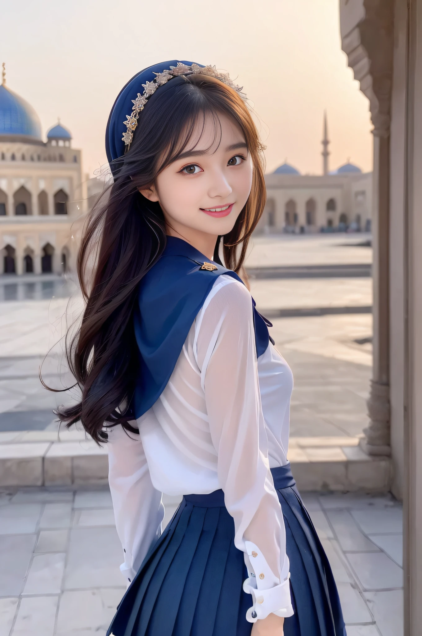 Superb quality、​masterpiece、超A high resolution、perfect beautiful female:1.5、校服、a sailor suit、(hi-school girl)、a miniskirt、Waving one hand、The best smile、A dark-haired、length hair、A detailed eye、Detailed skin、A detailed face、kawaii、Beautuful Women、Futae eyelid、Flipping skirt、Navy blue pleated skirt、Fantastic background、Girl Standing On A Hill、Hair that flutters in the wind、((Samarkand))、(Isfahan)、Persia、Dove flying in the sky、blue open sky、beatiful backgrounds、mosque、Extraordinary beauty、kawaii、((madrasah))、((Blue domed mosque)),、Pants are visible、Embroidered carpet、Detailed carpet、Detailed pants、Flipping skirt、Extraordinary Beauty