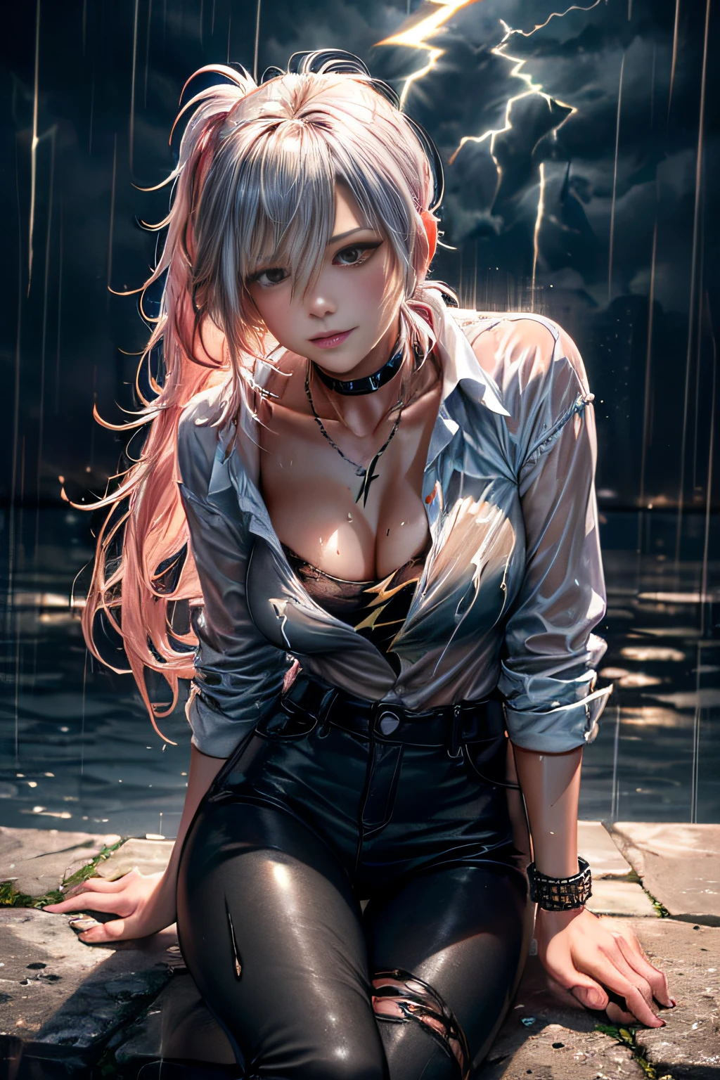 (Lightning illuminating the dark sky:1.7),Stormy night, (Rain pouring down on a tomboy:1.3),  creating a dramatic and moody atmosphere.
Drenched tomboy,piercings,Punk rock fashion,Open jacket with chain,Punk rock shirts,Punk rock pants with chain,Chain Accessories,a choker,(The whole body is soaking wet,Rainwater dripping from the face,Wet face,wetting hair,Wet and glowing skin,Soaking wet costumes,),(Glossy silver and orange two-tone hair,Short ponytail),(The composition of the princess's face,large full breasts,Pointed lips,red lipsticks,Cute round face,A smile that makes the viewer happy,blushing with embarrassment,red blush,),Bold sexy poses,crouching down,
(in 8K, Raw photo, Best Quality, masutepiece,),(Realistic,Extreme detail photo,Digital SLR,),(Image Mode Ultra HD),