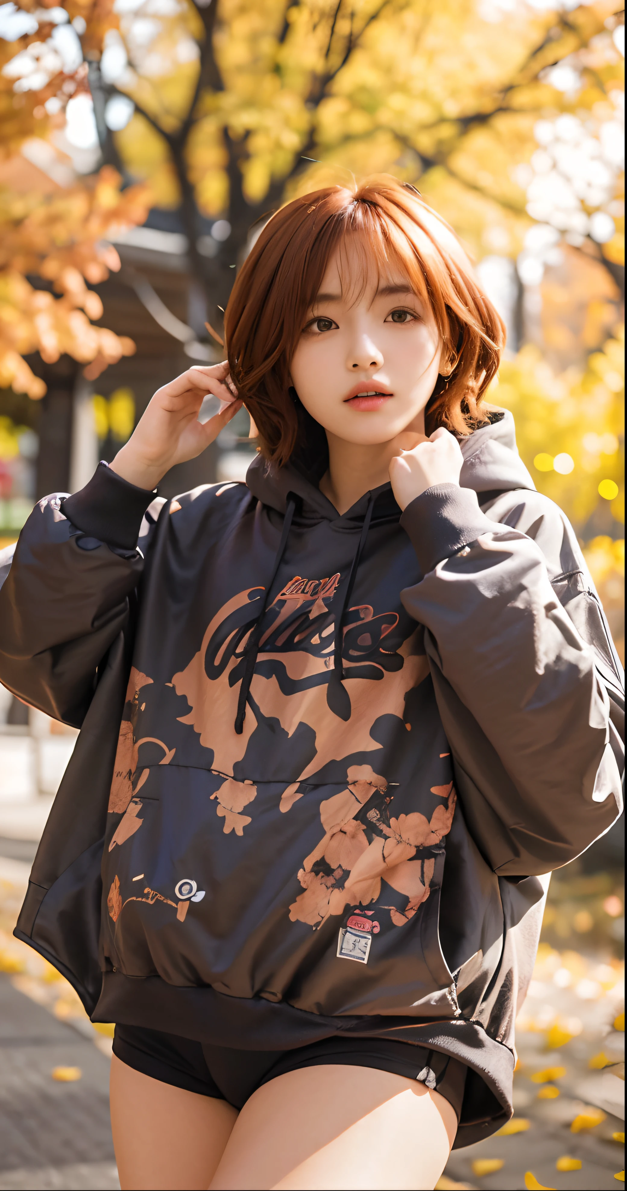 1girl, higuchi madoka, hoodie, short hair, orange hair, relistic, ultra detail, 8k, 70mm lens