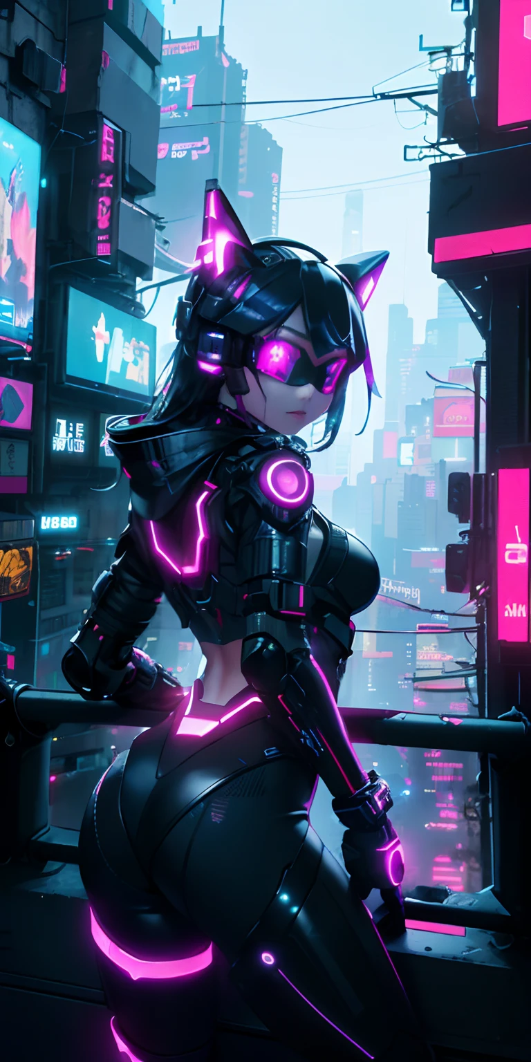 top-quality))、((​masterpiece)、cyberpunked、Electronic visor attached to the face of a 12-year-old girl looking out at the city from the roof of a building、Cyberpunk Fashion、Sexy Posing、Exposed skin、Breasts enlarged、Neon lights in dark city at night