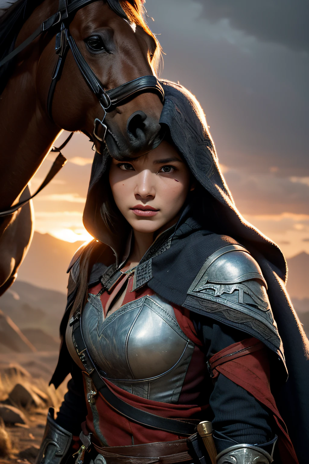 Portrait of a warrior woman standing in front of a horse, Assassin's Creed Game, photographrealistic, Postapocalypse