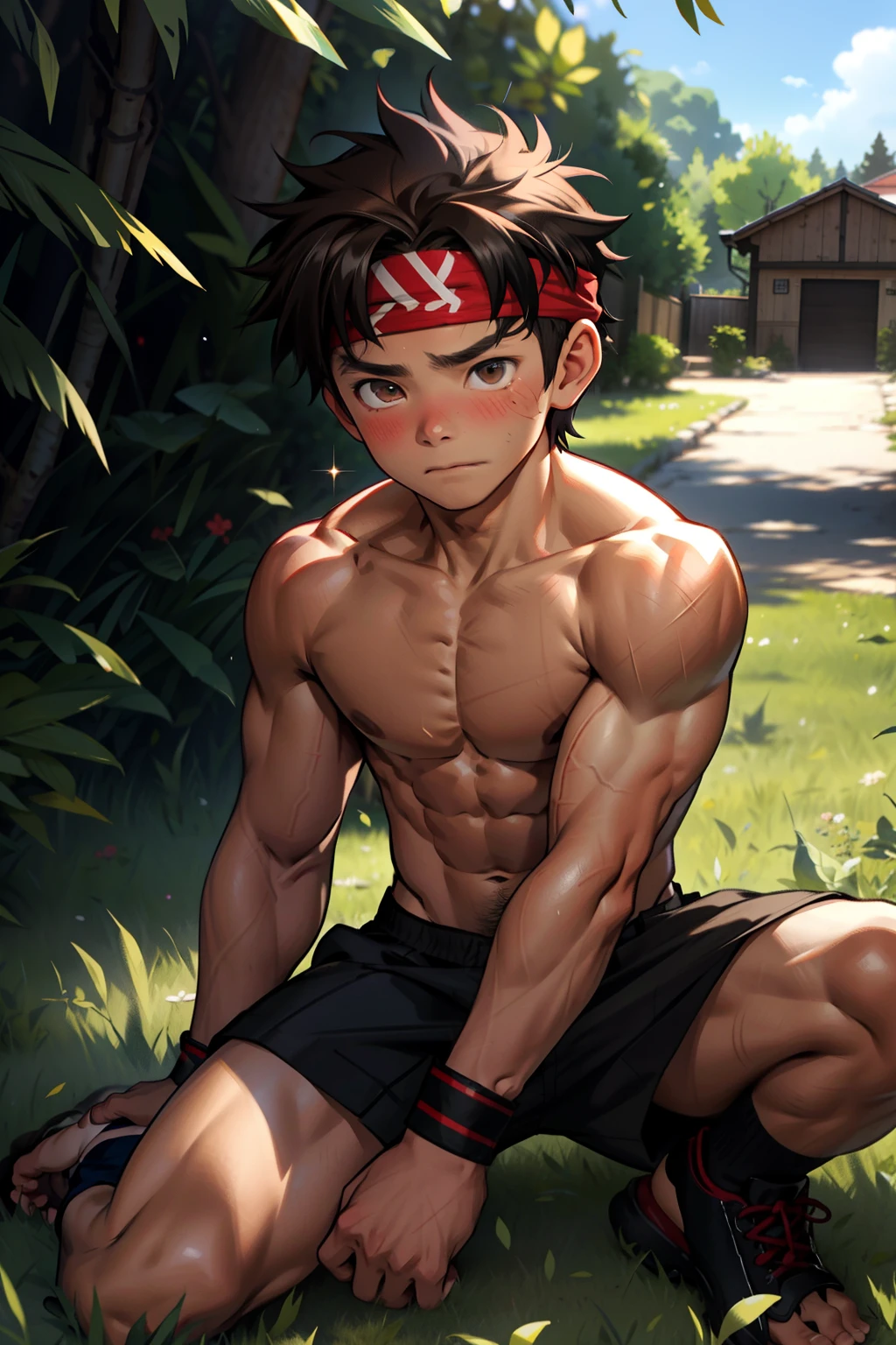 (Masterpiece, Best quality 12 year old boy,Shota), 1boys, (((Young,Shota))),Muscular, Short hair, with brown eye, Intricate, Grass, full bodyesbian, Shirtless, Muscles sparkle in the sun,Naked boy,((toddlers)),Black underwear, Red headband, Vivid colors,(Depth of field:1.2),(Abs),Blush, view the viewer, lying on the grass ground,Being sexually assaulted