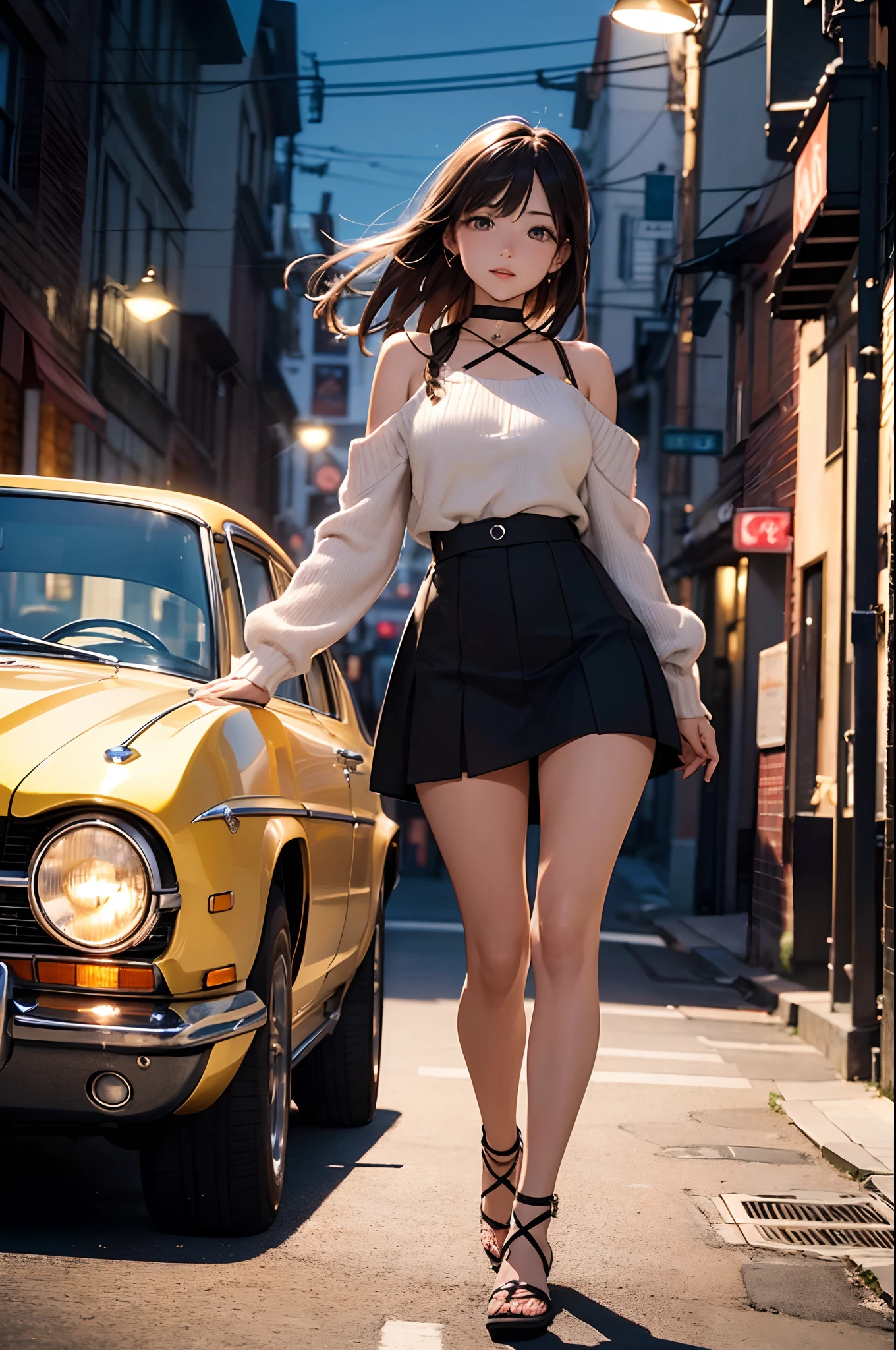 (Official art、Best Quality、Unity 8k Wallpapers、32K、​masterpiece、ultra-detailliert、超A high resolution、realisitic、Photorealsitic:1.2)、(Cinematic lighting:1.2)、Fireglow effect、film grains、Best Shadows、Rim lighting、side lights、sideshot、(Ultra-detailed and complex 3D rendering)、Detailed beautiful face and eyes、A slender、Medium bust、(Full body:1.2)、 Highly detailed background、beauitful face、blurry backround、16-year-old beautiful girl、(super detailed skin、detailed skin textures:1.3)、chestnut bristles、Brown-eyed、Hip Hop Cable、off shoulders、jumper skirt、Black stockings、(thighs thighs thighs thighs:0.8)、Knitted sandals、City at night、Open your mouth and smile gently、a choker、dynamicposes、(Classic car on woman background、Woman illuminated by headlights:1.2)