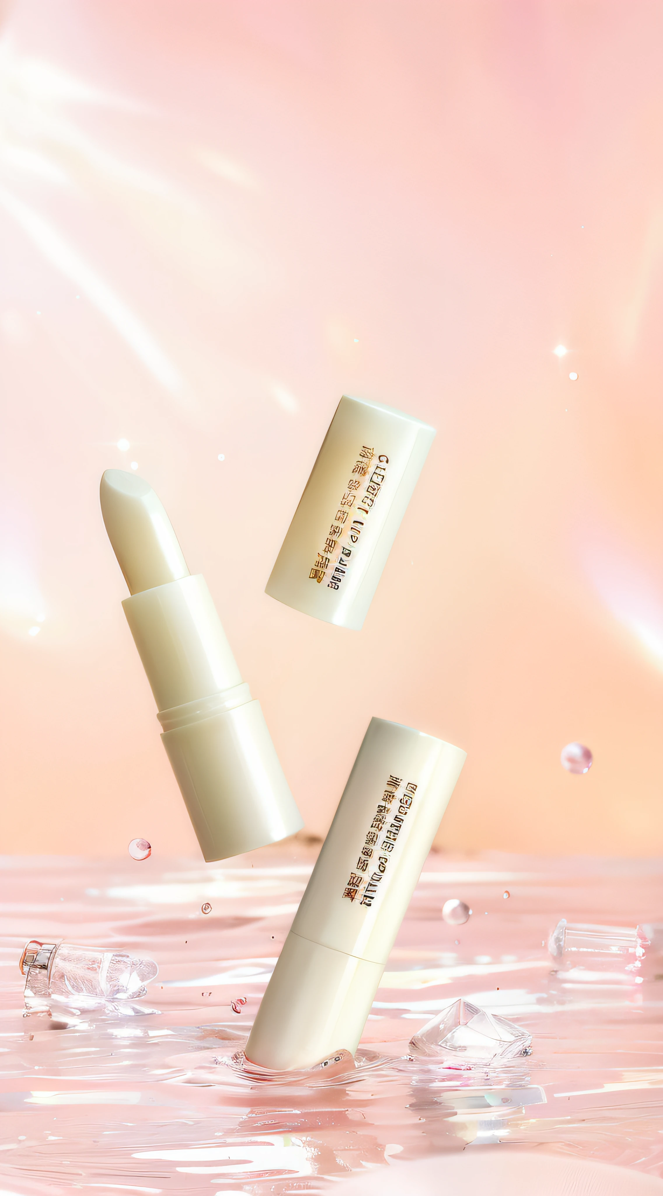 Three lip packs float in the water,There are diamonds on it, textured base ; product image, Inject the Northern Lights, dramatic product shot, soft white rubber, close-up product photo, Clear lips and high quality, soft white glow, Product photo, product introduction photos, porcelain skin ”, ivory make up, marble white complexion, Milky white skin