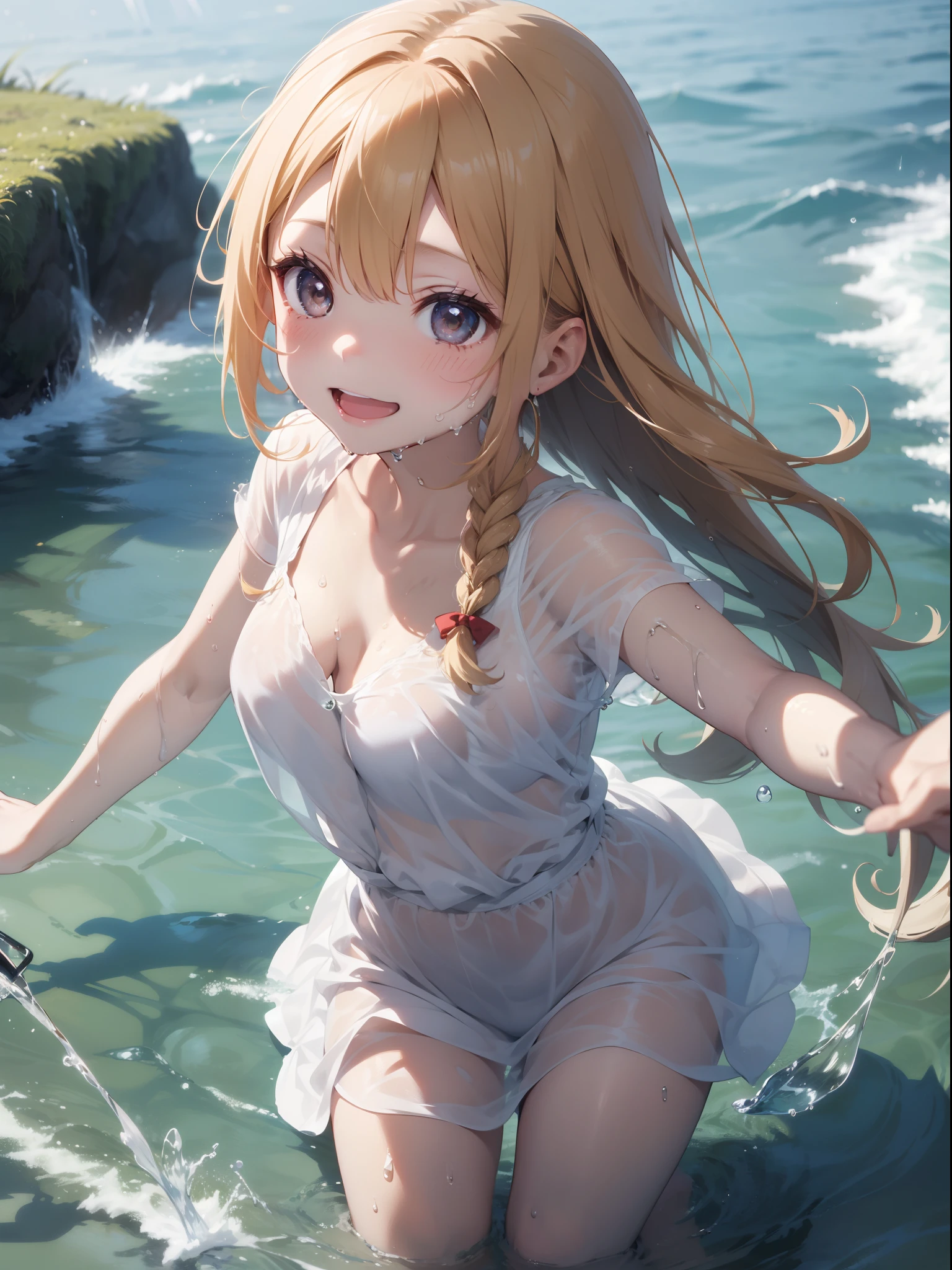 in 8K、top-quality、​masterpiece、ultra-detailliert、Ultra-high resolution、((1 persons))、girl with、a blond、Braided hair、Clean river、Wet white dress、((wetting hair))、wetted skin、((water dripping))、spreading arms widely、A smile