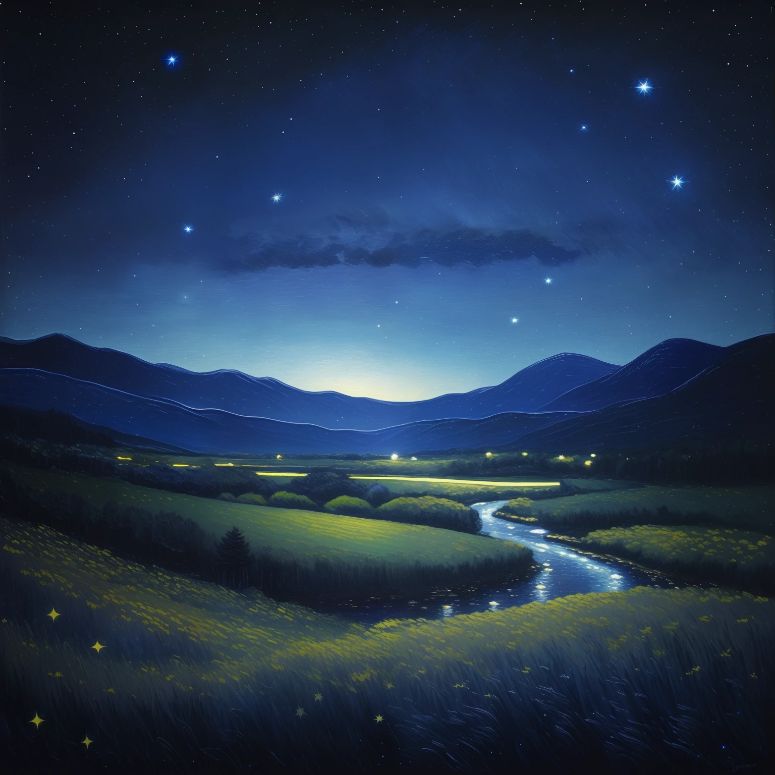 starry night painting of a landscape with a river and mountains, stary night painting, rob mcnaughton, starry nights, painting of a dreamscape, by Jason Benjamin, night landscape, dream scenery art, moonlit night, twinkling distant stars, nighttime nature landscape, moonlight, moonlit nightscape, distant twinkling stars, starlit sky, mystical night