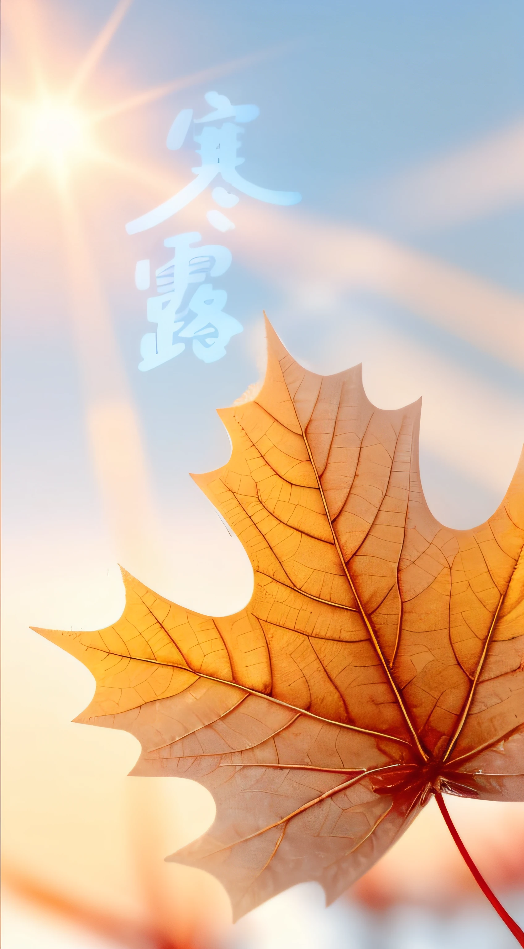 with blue sky and white clouds,balmy autumn day,The dew condenses into a small amount of frost,Red maple leaves have a small amount of white frost on them, clearly visible,Close-up of leaves,Late autumn view,Scenic beauty,Autumn colors are clear,Everything was beautiful,Golden autumn,Water dew condensation,Reflects a dazzling light,A masterpiece of photography,Super clear,detail-rich
