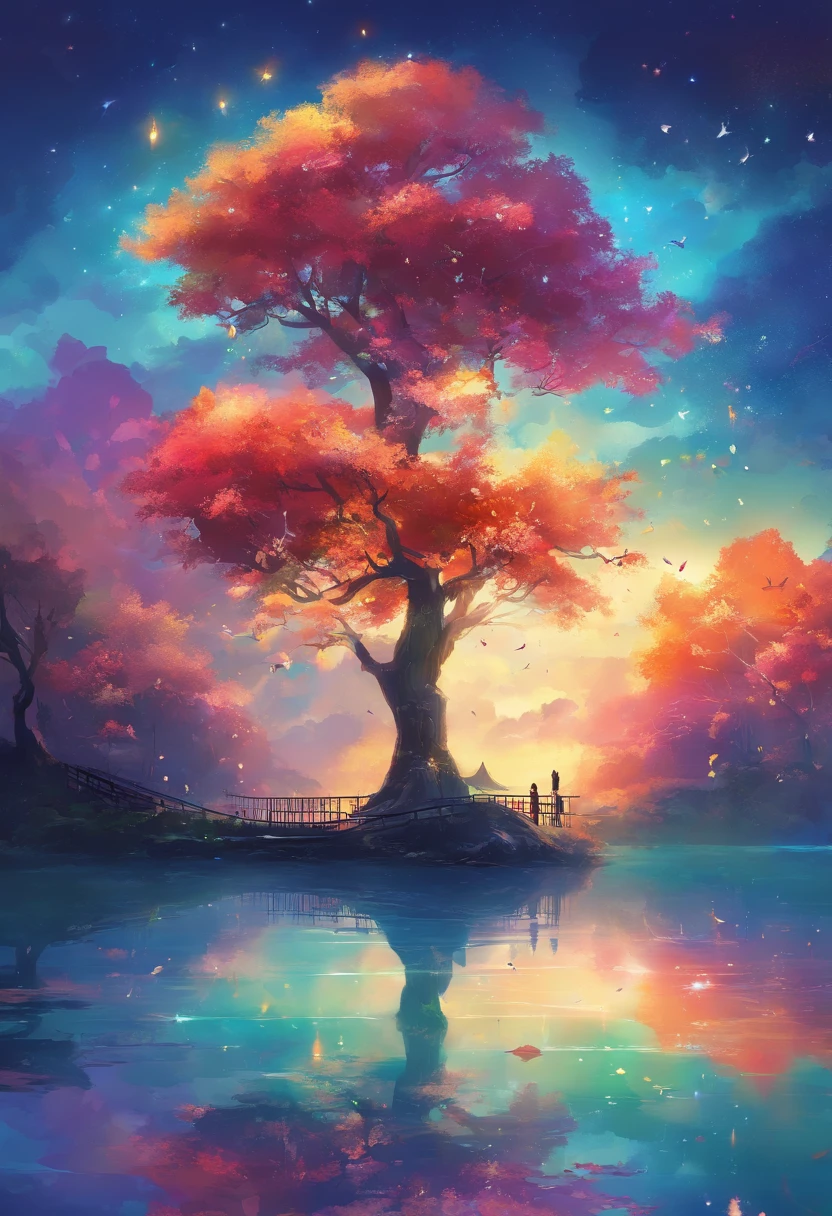 Skysky, blue colors, baiyun, after rainny, rays of sunshine, refractions, Seven colors, Red, orange, yellow, green, blue, violet, arc-shaped, A bridge to heaven, llight rays, dream magical, wanting, Calm lake, inverted image, The silhouette of the tree, Birds fly, freshen, magical, Beautiful natural landscape