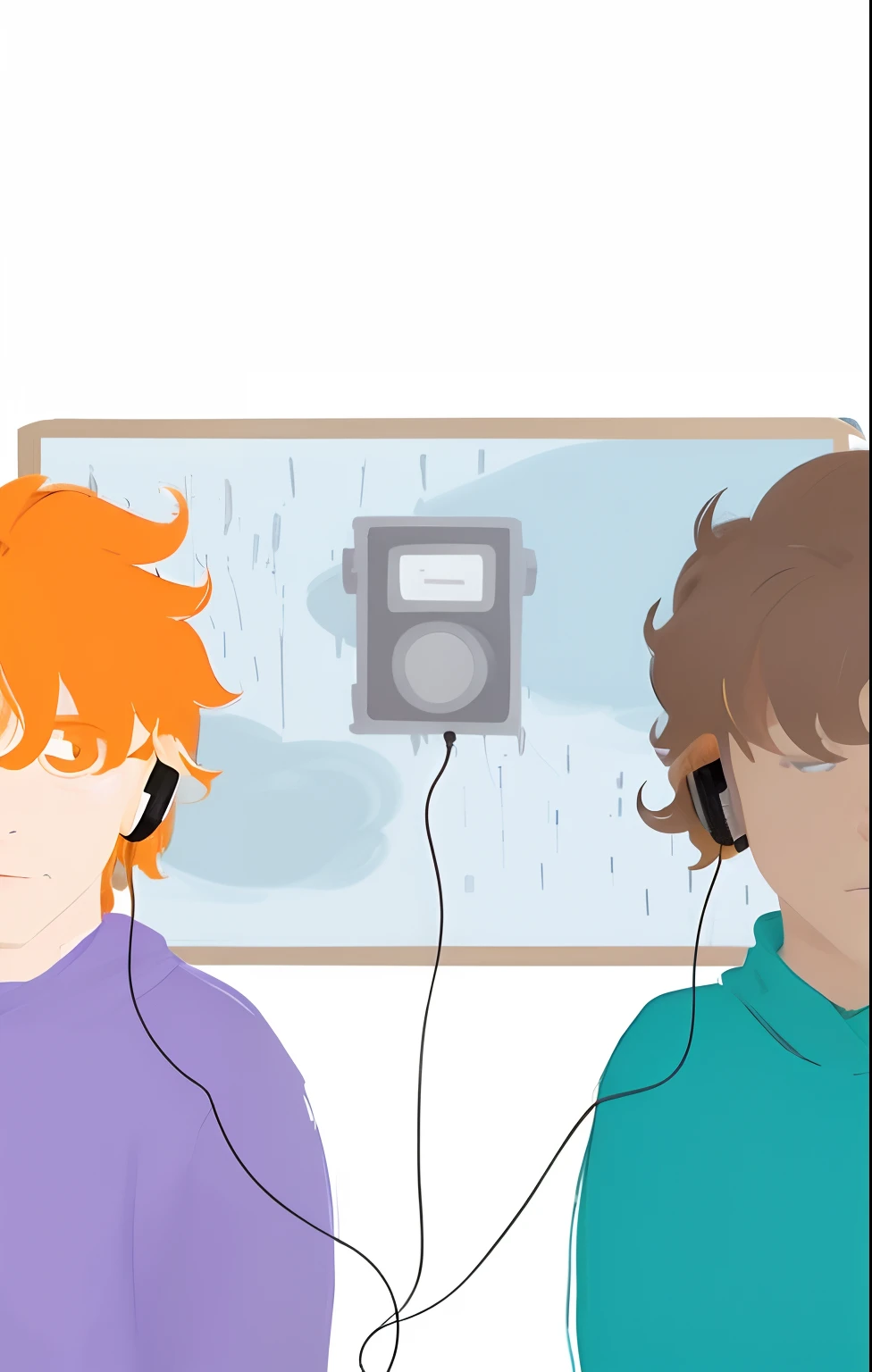 Two guys listening to music. um celular, it's raining, tem chuva. Dois homens de fone, 3d, o homem do lado direito tem pele negra. O homem do lado esquerdo tem cabelo ruivo. Imagem 3d, imagem realista. dark strokes., striking traits, contorno escuro,
