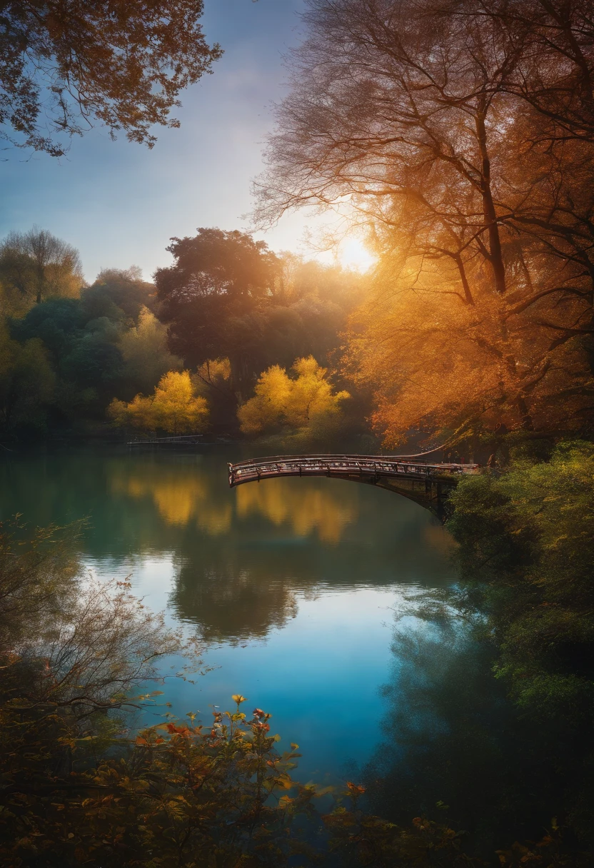 Skysky, blue colors, baiyun, after rainny, rays of sunshine, refractions, Seven colors, Red, Orange, Yellow, Green, Blue, Violet, arc-shaped, A bridge to heaven, llight rays, dream magical, wanting, Calm lake, inverted image, The outline of the tree, Birds fly, freshen, magical, Beautiful natural landscape