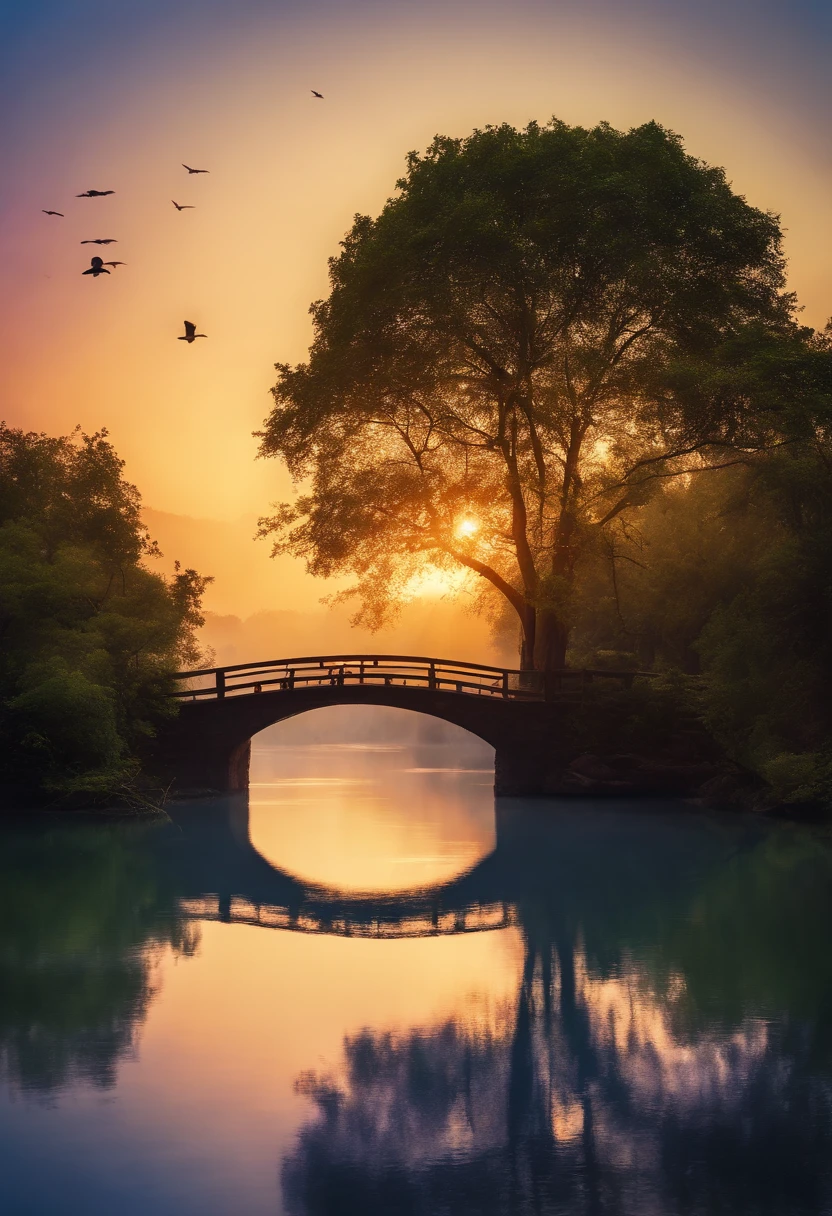 Skysky, blue colors, baiyun, after rainny, rays of sunshine, refractions, Seven colors, Red, Orange, Yellow, Green, Blue, Violet, arc-shaped, A bridge to heaven, llight rays, dream magical, wanting, Calm lake, inverted image, The outline of the tree, Birds fly, freshen, magical, Beautiful natural landscape