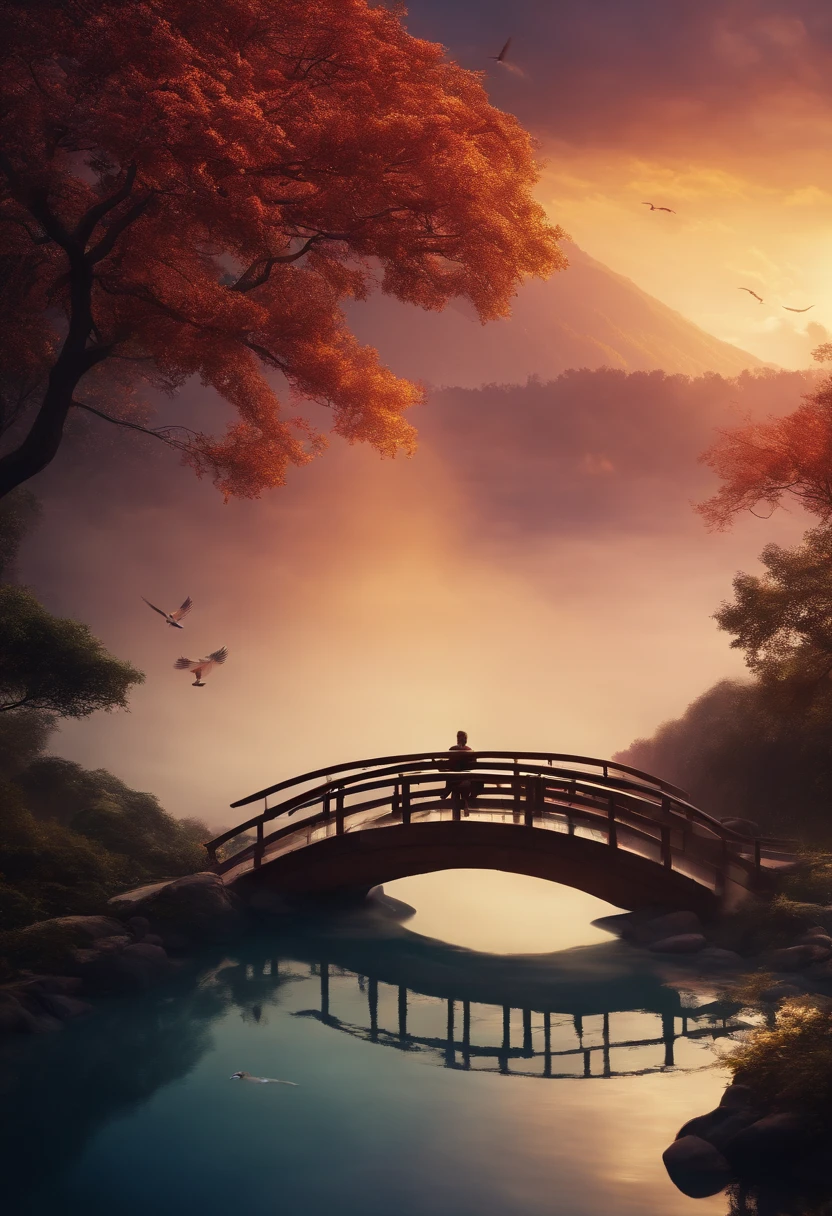 Skysky, blue colors, baiyun, after rainny, rays of sunshine, refractions, Seven colors, Red, Orange, Yellow, Green, Blue, Violet, arc-shaped, A bridge to heaven, llight rays, dream magical, wanting, Calm lake, inverted image, The outline of the tree, Birds fly, freshen, magical, Beautiful natural landscape