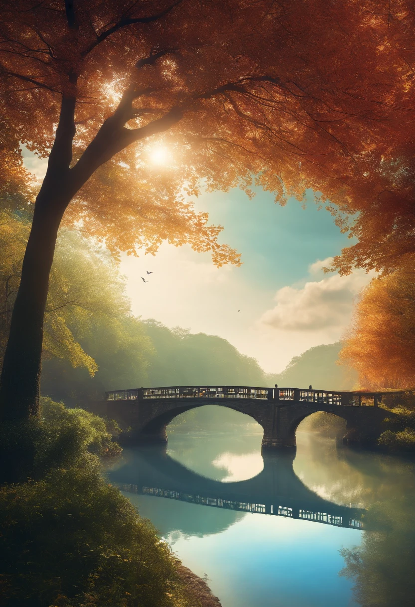 Skysky, blue colors, baiyun, after rainny, rays of sunshine, refractions, Seven colors, Red, Orange, Yellow, Green, Blue, Violet, arc-shaped, A bridge to heaven, llight rays, dream magical, wanting, Calm lake, inverted image, The outline of the tree, Birds fly, freshen, magical, Beautiful natural landscape