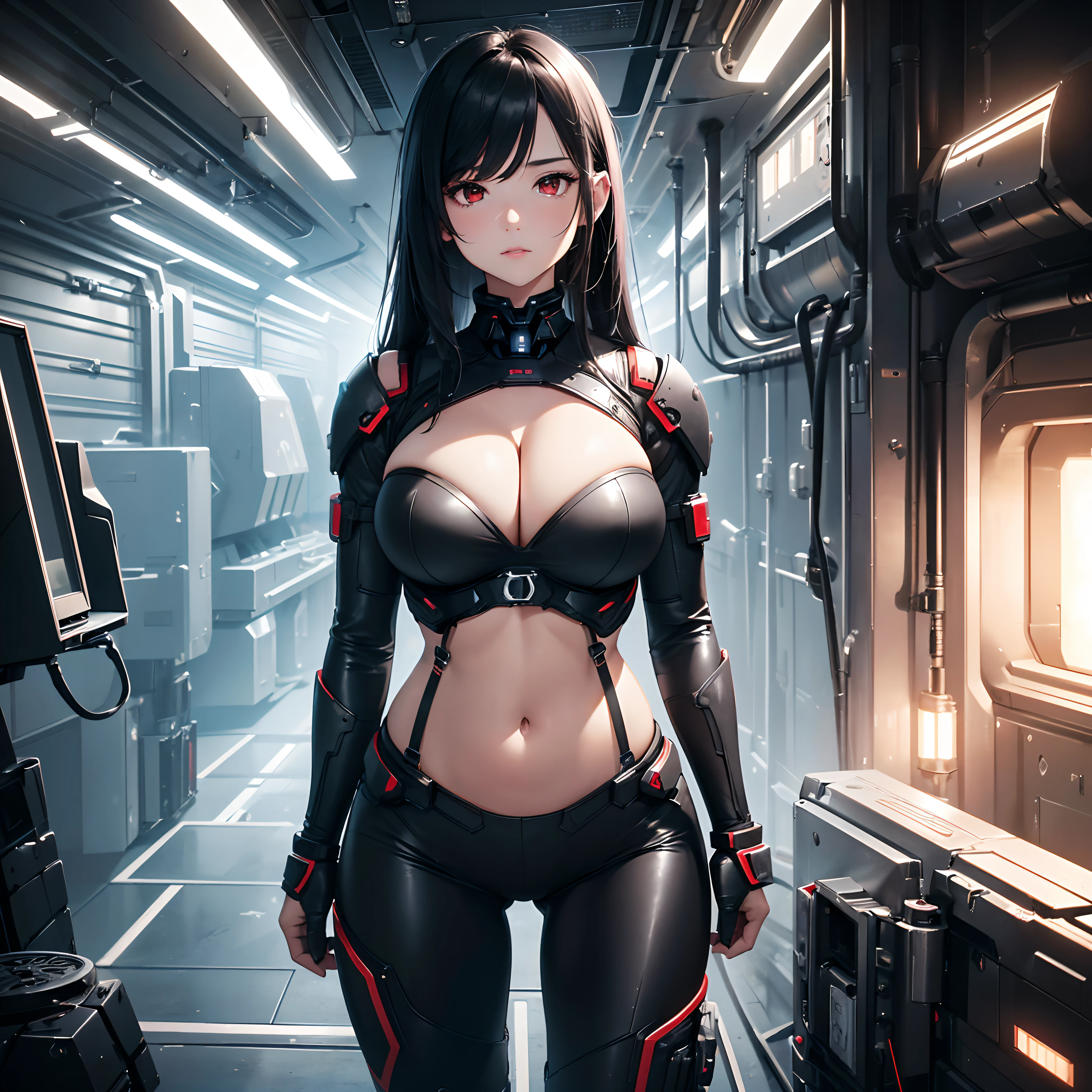 ((8K, Illustration, Ultra detailed, Best quality, High-Resolution:1.35, Raw photo:1.2, masterpiece: 1.25)), ((1 girl)), (medium breast), ((long black hair, red eyes)), exposed cleavage, ((showing stomach)), sexy black cybernetic lingerie exosuit:1.4, mech armor, clear facial features, badass girl, curvy build, (exposed cleavage), showing stomach, in deep space, dark space station, dimly lit dark hangar, air lock, symmetrical, anatomically correct,