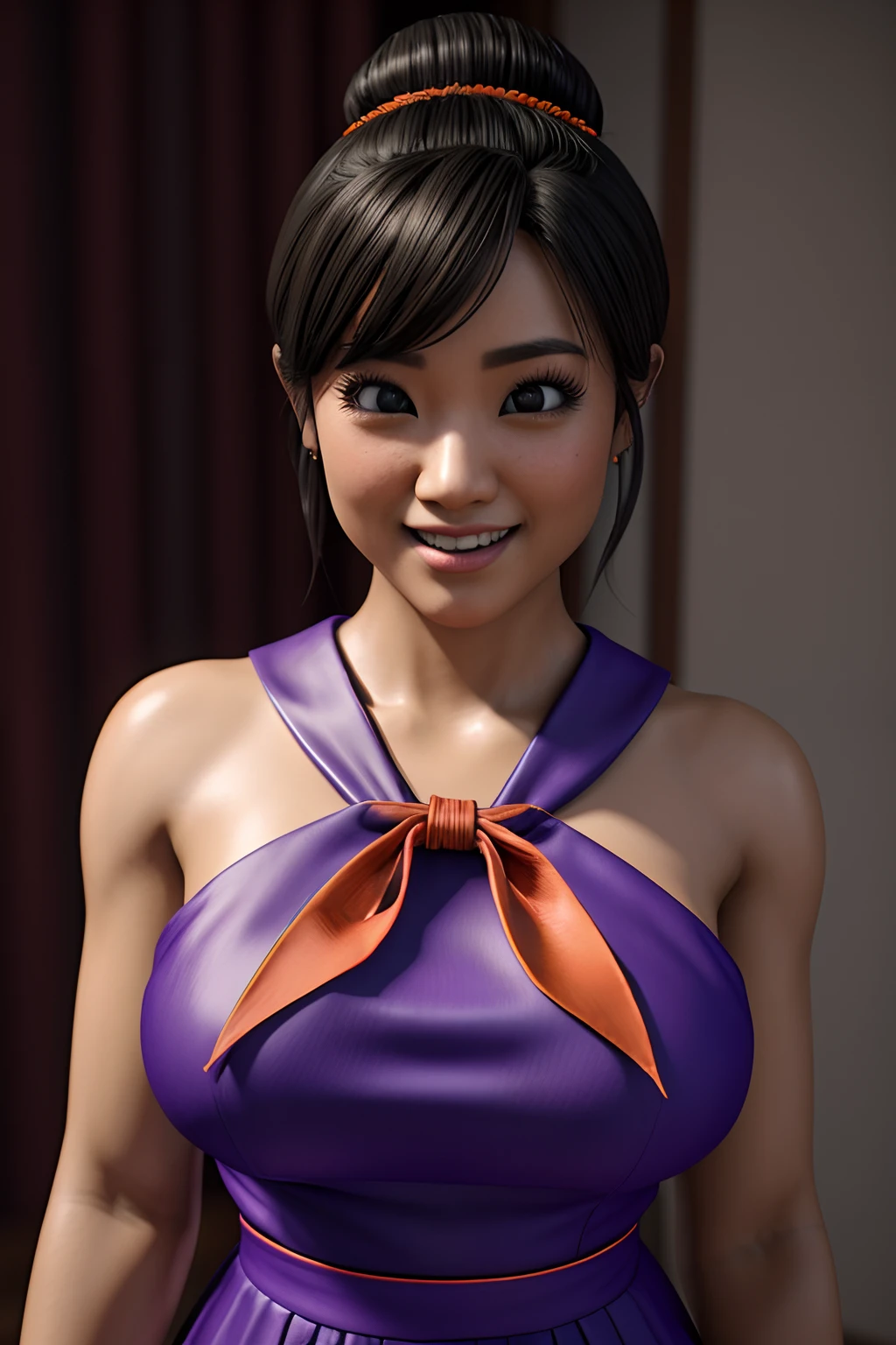 absurdres, high quality, detailed, (solo:1.3), closeup portrait,a high resolution photo of chichi_dbz, standing, solo, large_breasts,Purple_Dress_Orange_Neckerchief, masterpiece, best quality, detailed face, detailed eyes, highres,cinematic, atmospheric, 8k, realistic lighting, shot by Hassleblad H6D, Zeiss, Kodachrome, nikon, 50mm 1.2 lens, Octane Render, unreal engine 5, Adobe After FX, highly detailed, intricate detail, asian female, smile