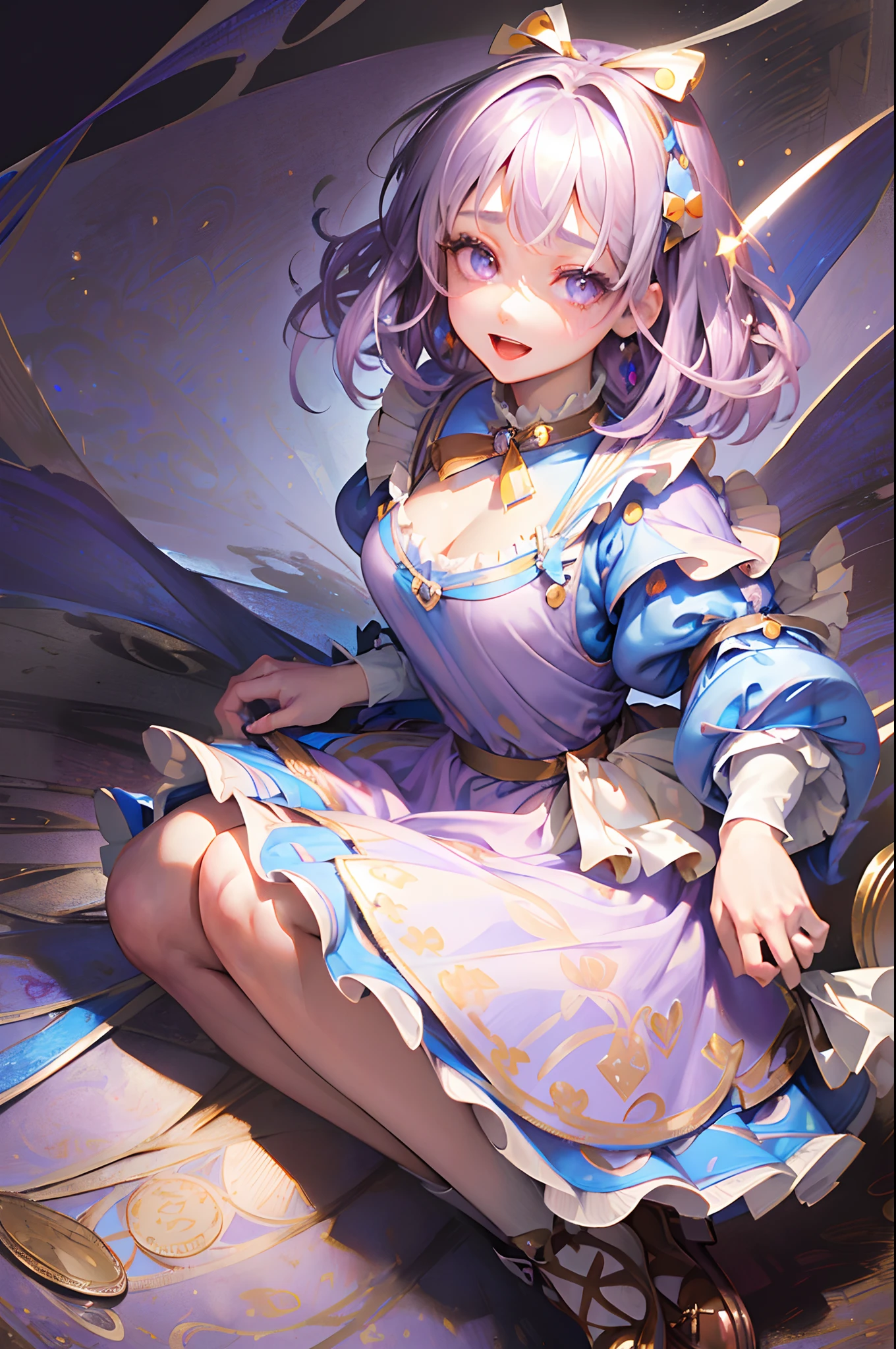 masterpiece, best quality, ultra detailed beautiful face and eyes,solo,silver hair,purple eyes,beautiful girl,(medium hair:1.8),(parted bangs:1.3),hairclip,large breasts,(Alice in Wonderland Dresses:1.5),(fantasy:1.4),happy,open mouth
