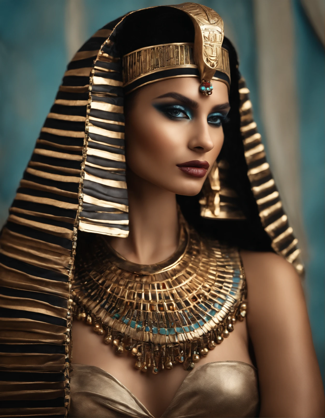 Hyper realistic photoshoot woman model vogue fashion magazine cover inspired by egyptian goddess modern days realistic skin hair face posing cleopatra Egyptian pyramids realistic person with goth fashion detailed clothing