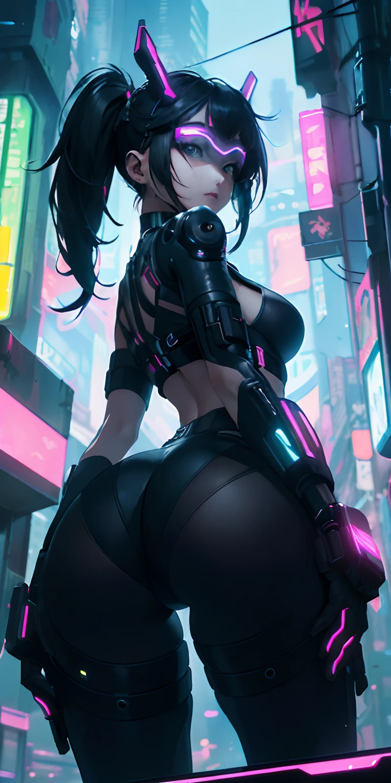 top-quality))、((masterpiece)、cyberpunked、Big buttocks、Electronic visor attached to -yeld gis face with emphasis on buttocks、Cyberpunk Fashion、Sexy Posing、Wearing lower body half spats、Breasts enlarged、Neon lights in dark city at night