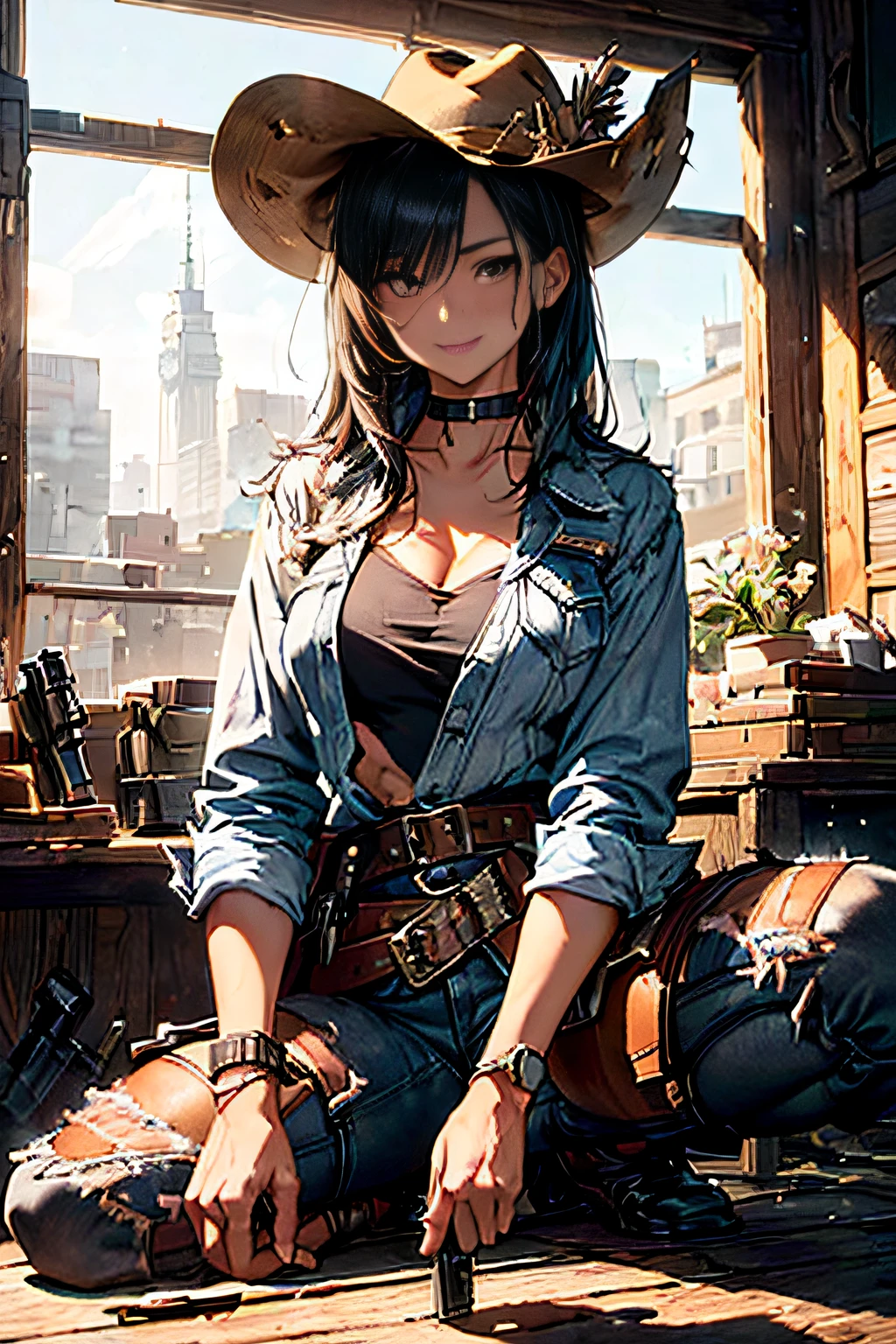 Townscape of the Wild West,Wasteland,Gunslinger Costume,Short leather jacket with open front,Torn and tattered white shirt,Torn and tattered damaged jeans,(Wrap the gun belt around your waist:1.3),(gun holster:1.3),Equipped with a Winchester M73 rifle on her chest,Cowboy Hat,(Generate globally beautiful women images,Especially while reflecting elements of Western beauty,Woman with natural smile and attractive expression,Transparent skin,sparkle in eyes,Expresses an elegant atmosphere,(in 8K, Raw photo, Best Quality, masutepiece),Sunlight ,Cinematic lighting,(Realistic, Photorealsitic),,(crouching down:1.3),