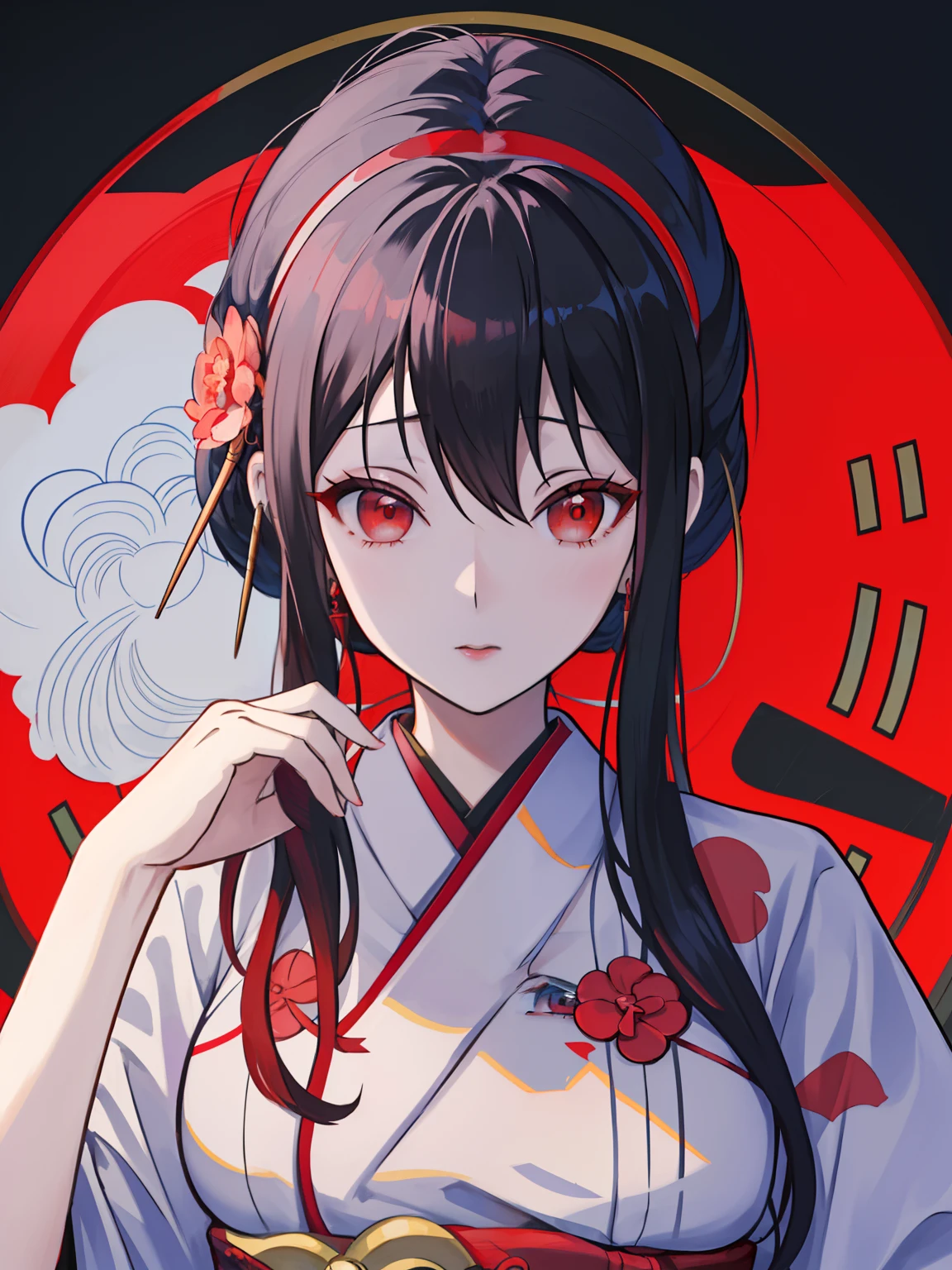 una chica de dibujos animados en un traje de kimono sosteniendo un palo, Maya Fey de ACE Attorney, Arte oficial del personaje, en un kimono, Personaje del videojuego Katana Zero, Misato Katsuragi, Pintado en Anime Painter Studio, inspirado por Nishikawa Sukenobu, Hecho con Anime Painter Studio, en kimono, Retrato de Onmyoji, Arte Oficial, Yuri Misaki, ((peliroja)), ((cabello rojo)),(ojos azules,(((ojos azules hermosos)))