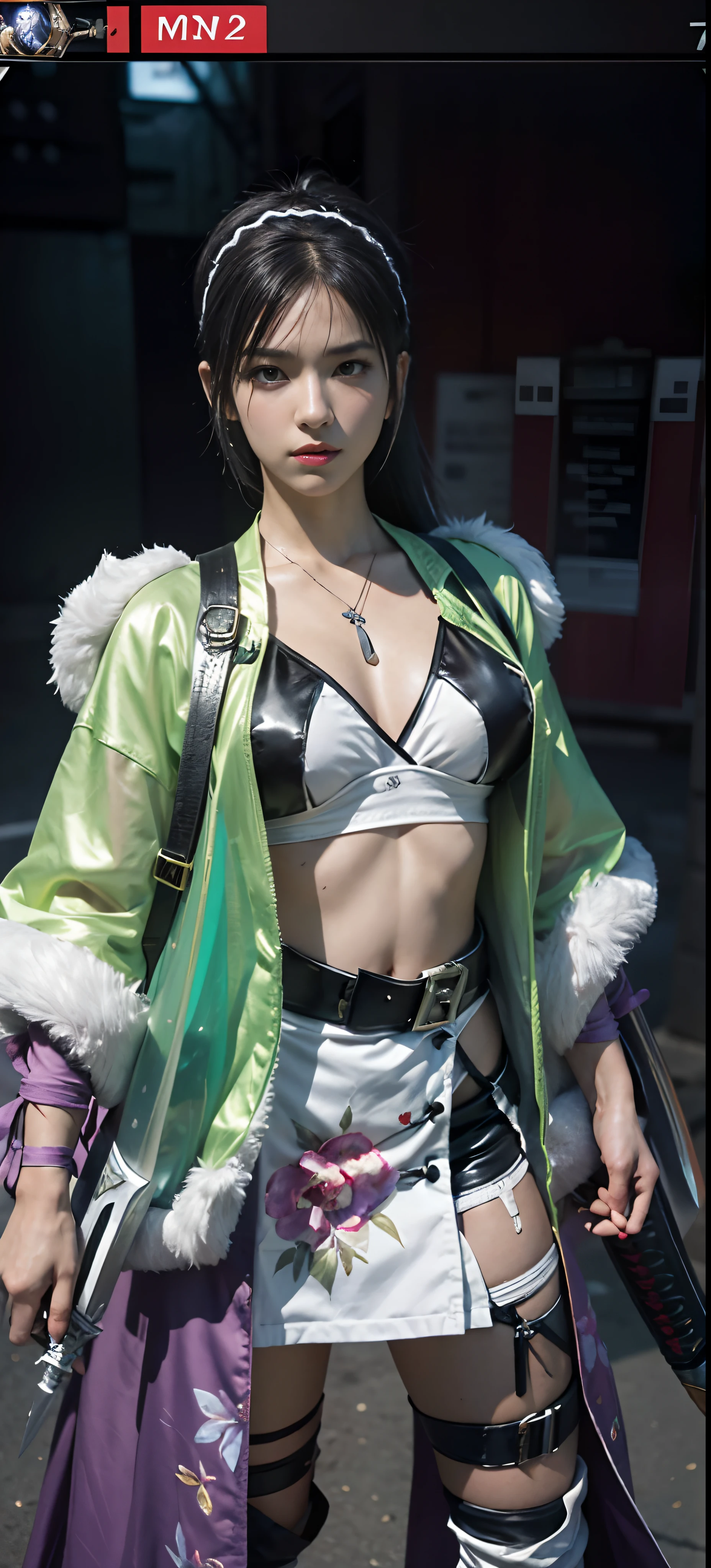 a close up of a person in a costume with a sword, as a character in tekken, female character, tifa lockhart with white hair, katana zero video game character, lunar themed attire, kda, slim body, cyborg - girl with silver hair, upper body avatar, (( medium breast;1.2)), fashion gameplay screenshot, fighting game character, new character, floralpunk elysian maiden, sigma female
