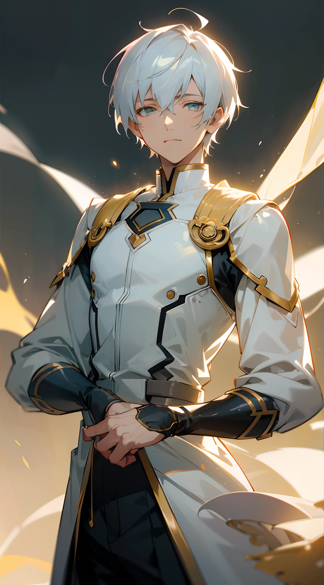 there is a man laying down with his eyes closed and his shirt open, handsome anime pose, anime handsome man, handsome guy , male anime style, handsome prince, anime portrait of a handsome man, (masterpiece, best quality:1.3),beautiful detailed glow,best illuminate,(((best quality,textile shading,ultra detailed))),extremely detailed CG unity 8k wallpaper,Highly Detailed beautiful and aesthetic,best light,high resolution,detailed,dynamic lighting , mix of sword art online and futuristic style clothes , detailed, 1Character , blue archive art style ,  pastel washed out colors , cell shade , soft, muted shades ,gentle colors , Handsome man , White hair , very Short hair , gold eyes , light skin , mature man , pale skin , muscular, tall , age 35 ,