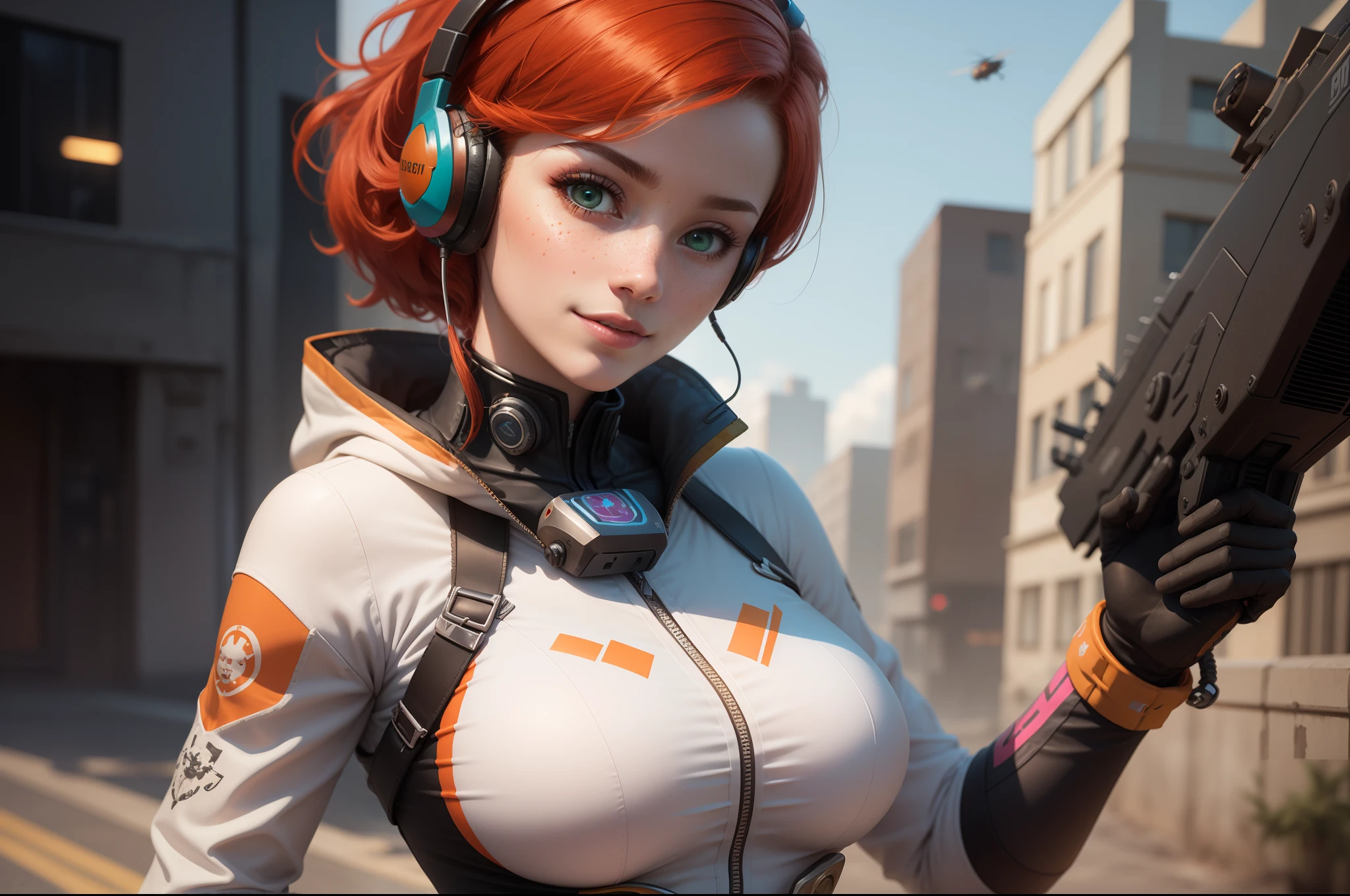 gwen tennyson,1girl,tracer,elsa,rebecca chambers,overwatch,gundam,close up,mecha pilot,battleship deck,white and blue plugsuit,hair pin,pirate corset, white long sleeve lycra top,orange leggings,short hair,cute makeup,green eyes,orange and blue hair,shy smile, freckles,redhead,beautiful girl,large breasts,ultra detailed,realistic,fantasy art, gaming headset,pilot jacket,helicopter,
