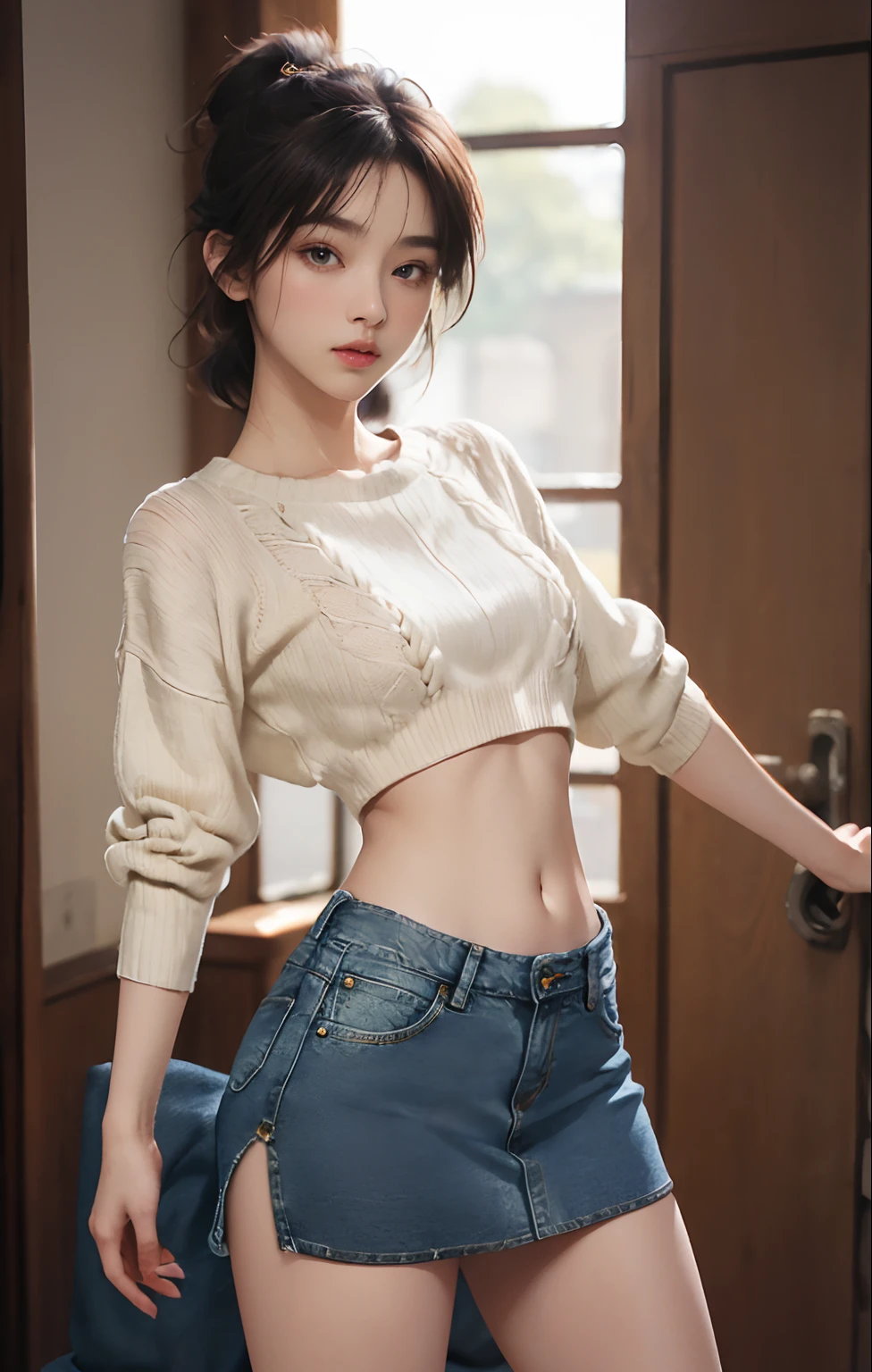 ((masuter piece:1.3)、(8K、Photorealsitic、Raw photography、top-quality: 1.4)、(1girl in)、Beautiful expression、(Lifelike face)、(A dark-haired、long)、 Beautiful hairstyle、realisticeyes、Beautiful details、(real looking skin)、Beautiful skins、absurderes、enticing、超A high resolution、A hyper-realistic、high-detail、the golden ratio、 ((wide open abdomen))、((open abdomen))、((wide open navel))、((open navel))、((Bare belly))、((Mid-Riff Sweater))、((Ultra-low rise、Denim Mini Skirt))、 ((Navel Ejection))、((small hips))、((long limbs))、((Full body depiction))、((small hip))、(boots)、((Ultra-low rise))、((Denim Mini Skirt))、((is standing))、