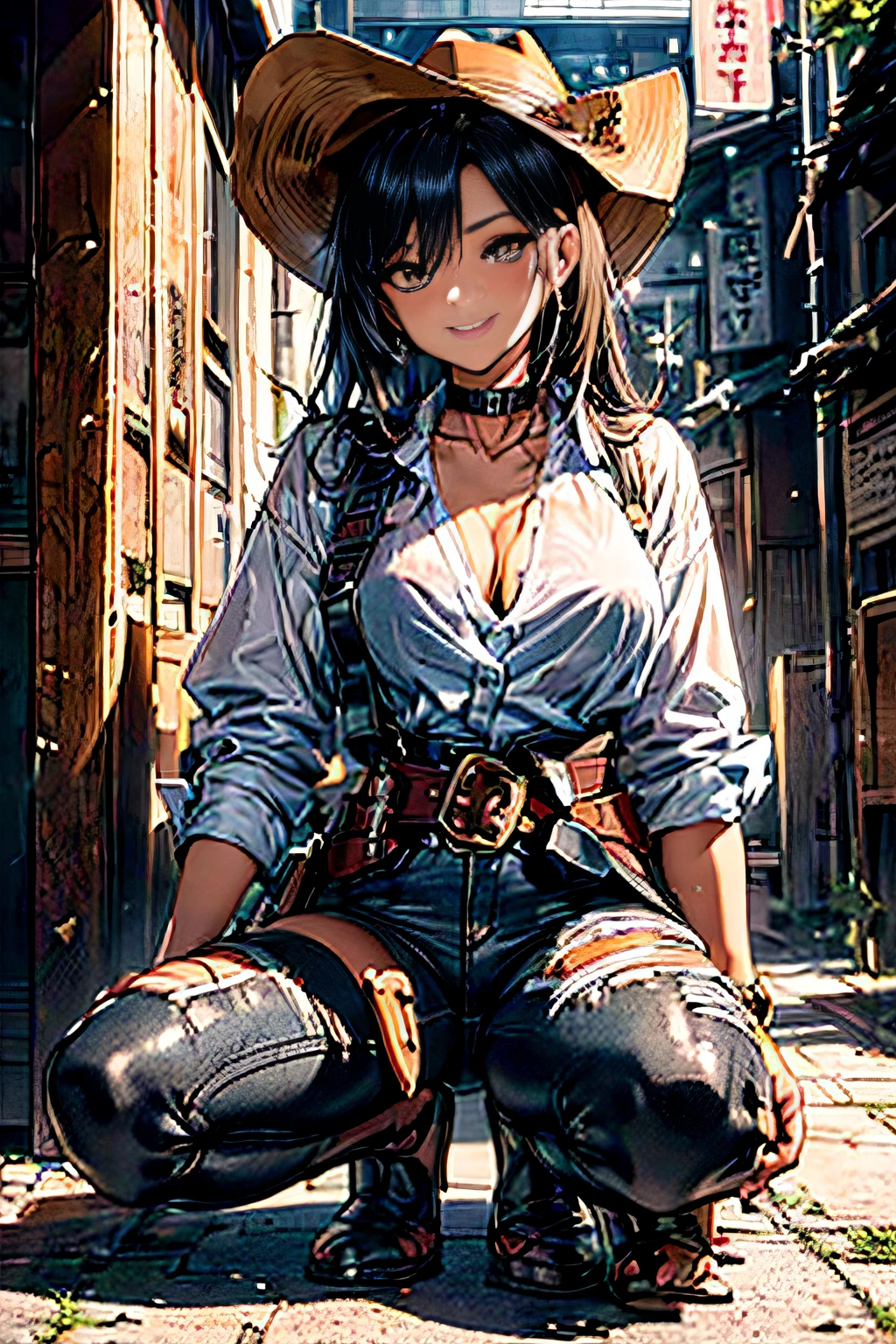 Townscape of the Wild West,Wasteland,Gunslinger Costume,Short leather jacket with open front,Torn and tattered white shirt,Torn and tattered damaged jeans,(Wrap the gun belt around your waist:1.3),(gun holster:1.3),Equipped with a Winchester M73 rifle on her chest,Cowboy Hat,(Generate globally beautiful women images,Especially while reflecting elements of Western beauty,Woman with natural smile and attractive expression,Transparent skin,sparkle in eyes,Expresses an elegant atmosphere,(in 8K, Raw photo, Best Quality, masutepiece),Sunlight ,Cinematic lighting,(Realistic, Photorealsitic),,(crouching down:1.3),