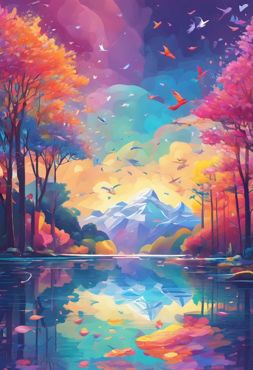 （（Rainbow after rain）），Skysky, blue colors, baiyun, after rainny, rays of sunshine, refractions, Seven colors, Red, Orange, Yellow, Green, Blue, Violet, arc-shaped, A bridge to heaven, llight rays, dream magical, wanting, Calm lake, inverted image, The outline of the tree, Birds fly, freshen, magical, Beautiful natural landscape